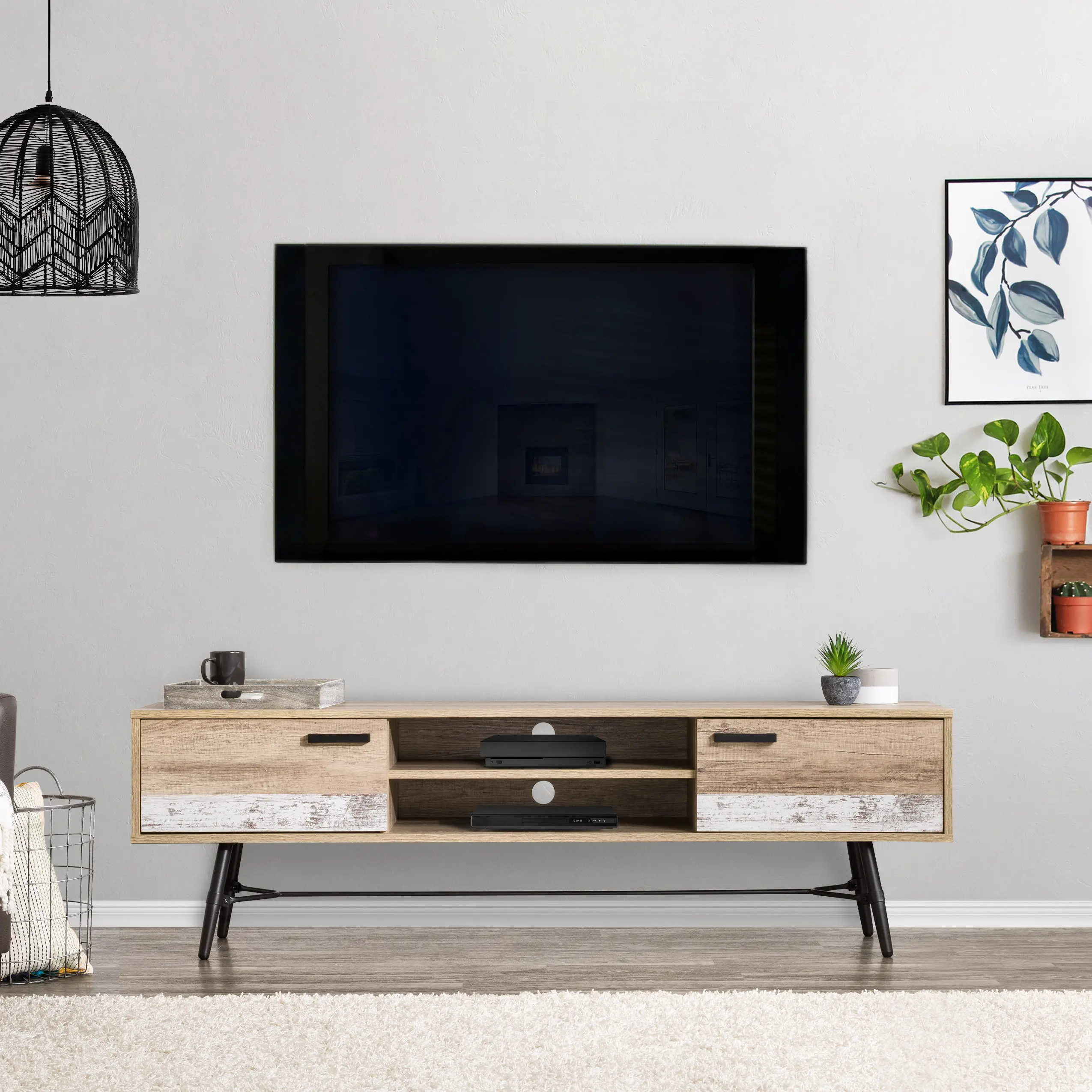 Aurora Mid-Century Modern 71  Warm Beige TV Bench-2