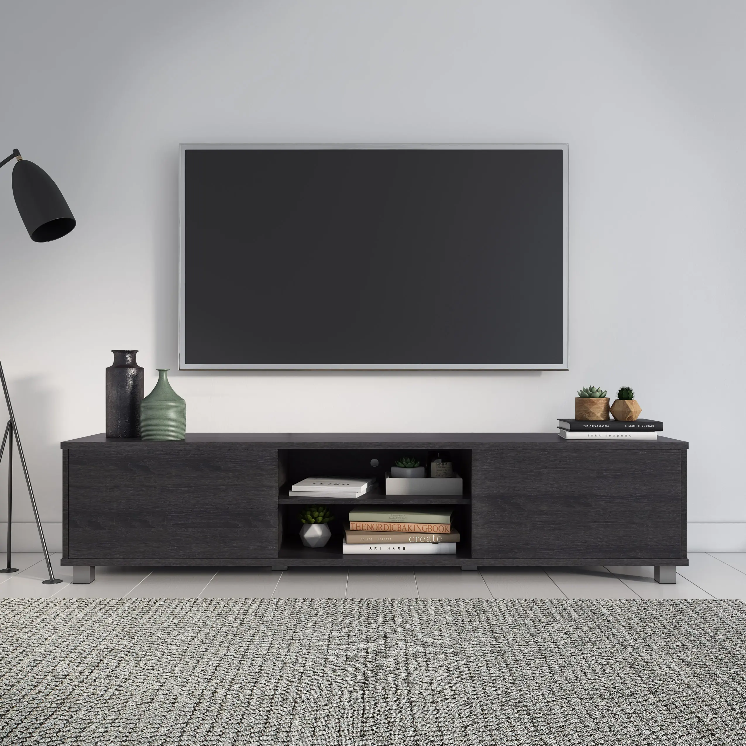 Hollywood Modern 71  Dark Grey Wood Grain TV Stand with Doors-2