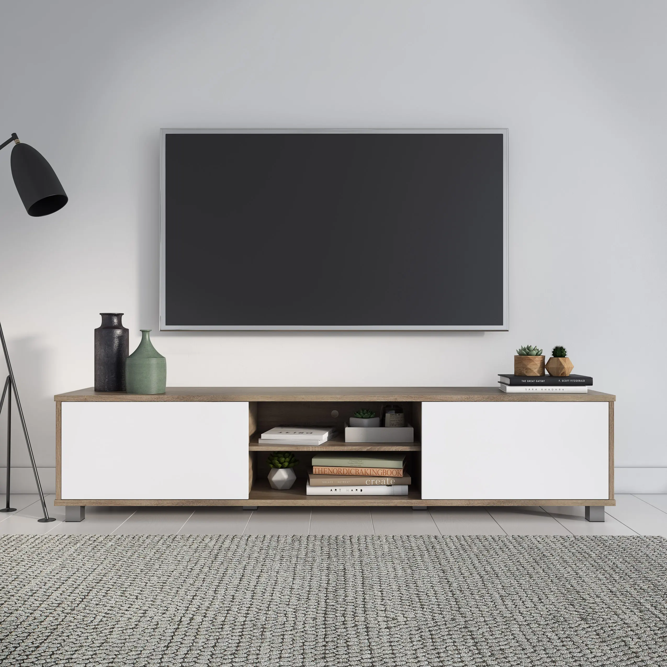 Hollywood Modern 71  White and Brown Wood Grain TV Stand with Doors-2