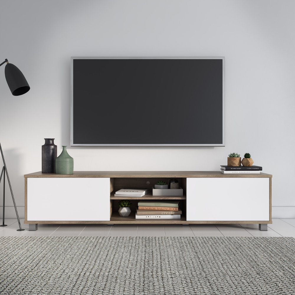 Hollywood Modern 71" White and Brown Wood Grain TV Stand with Doors