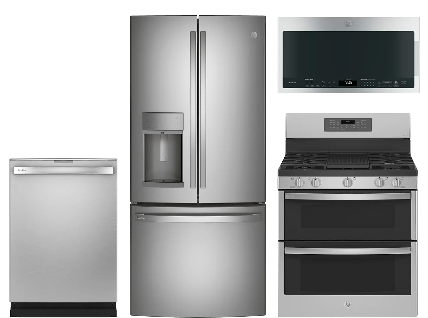 .PROF-4PC-STDDP/TBAR GE Profile 4 Piece Gas Appliance Package with 27.8 cu ft Refrigerator - Stainless Steel, STDFTH-1