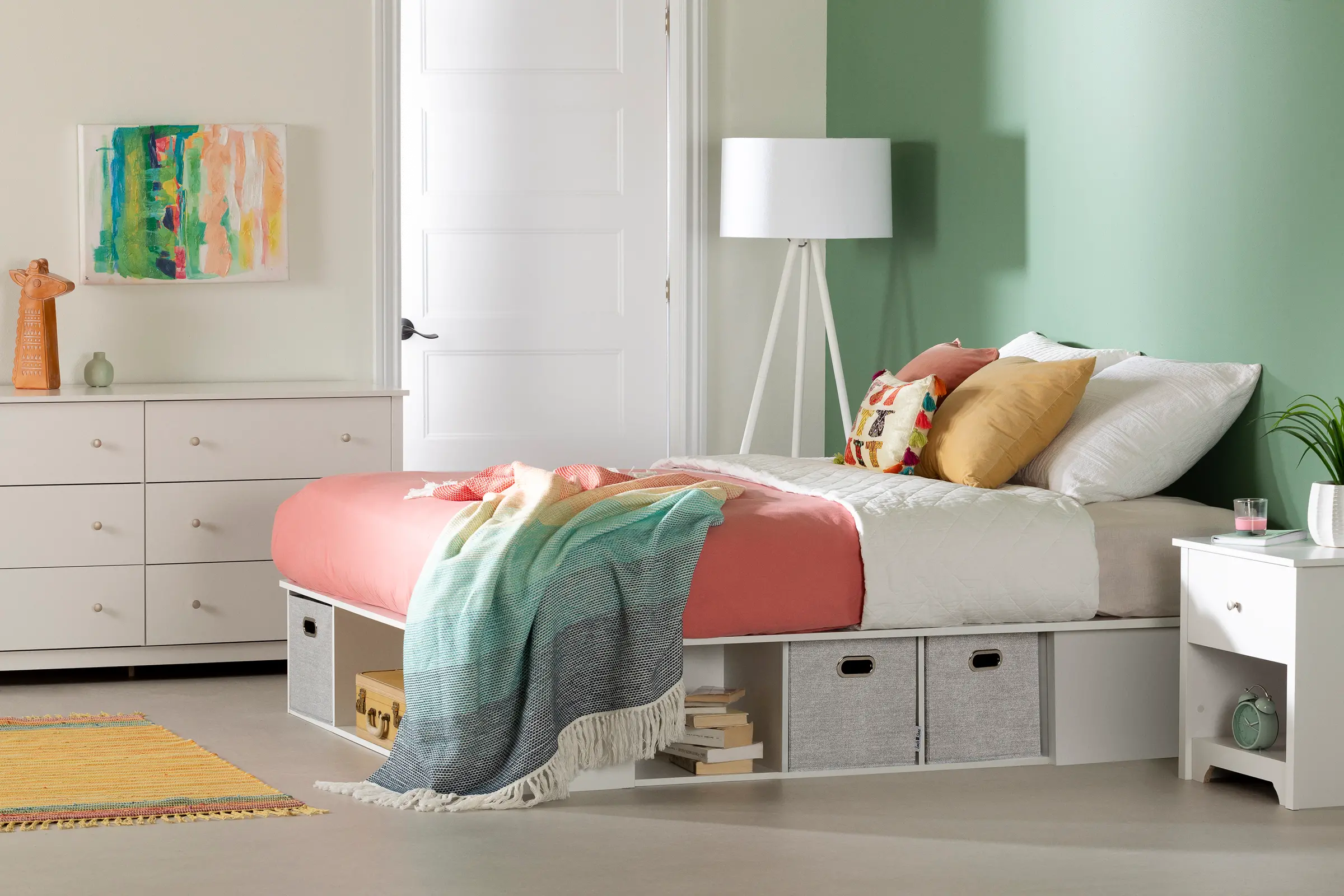 13069 White Full Platform Bed with Storage and Baskets - South Shore-3