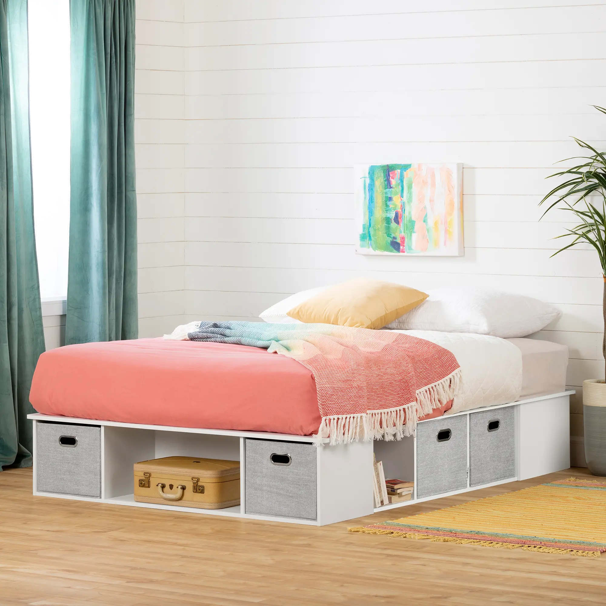 13072 White Queen Platform Bed with Storage and Baskets - South Shore-2