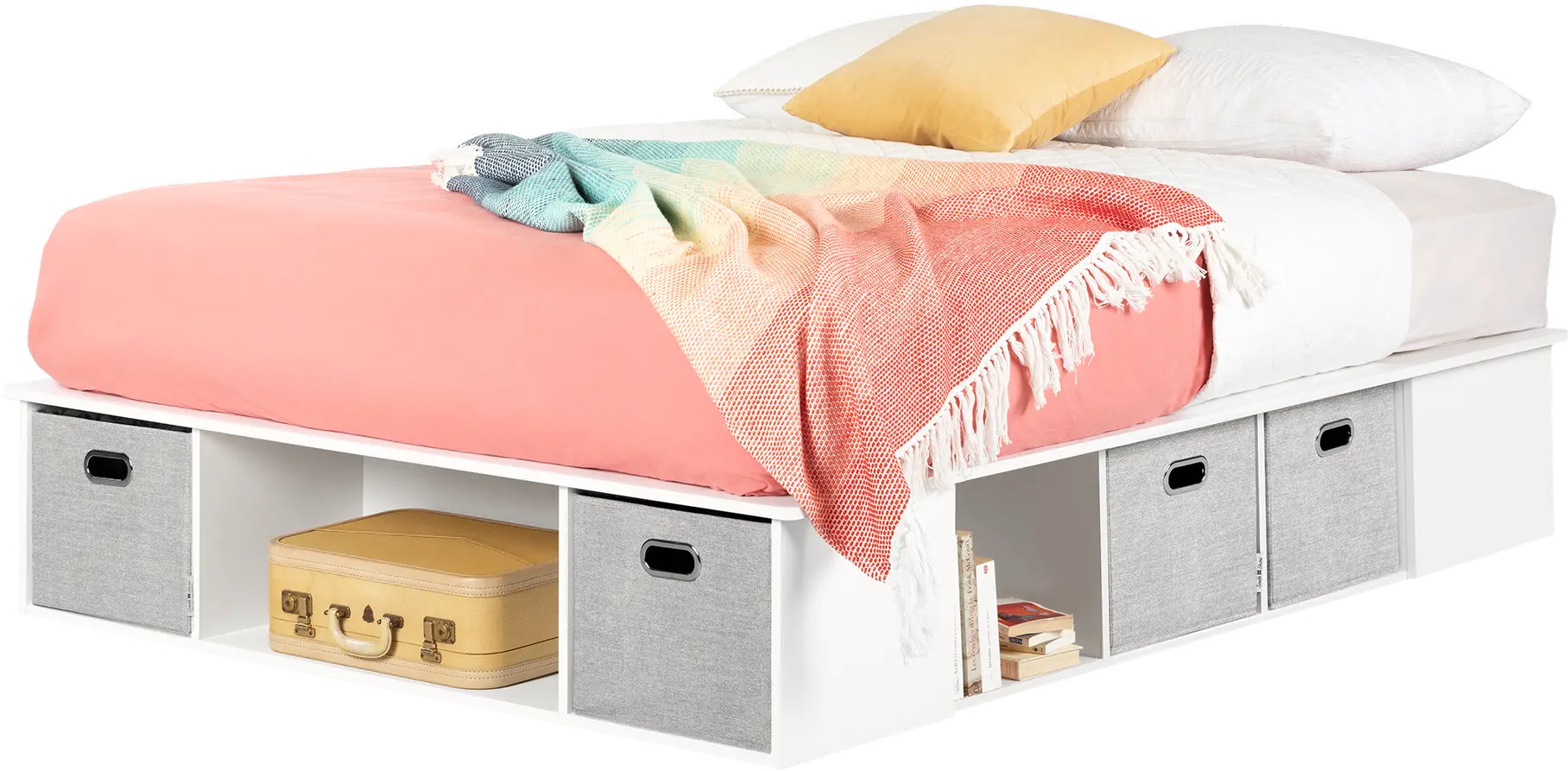 13072 White Queen Platform Bed with Storage and Baskets - South Shore-1