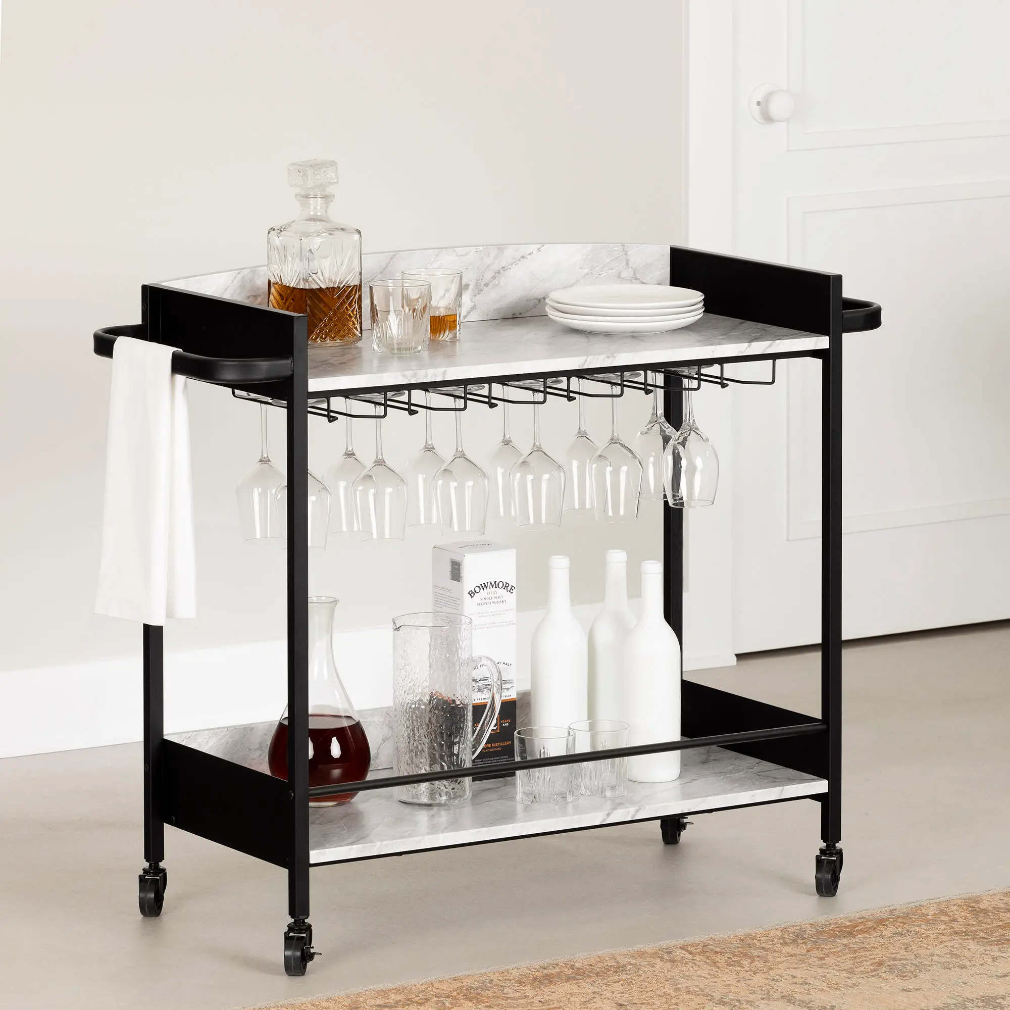 13447 City Life Black and Faux Carrara Marble Bar Cart - South Shore-2