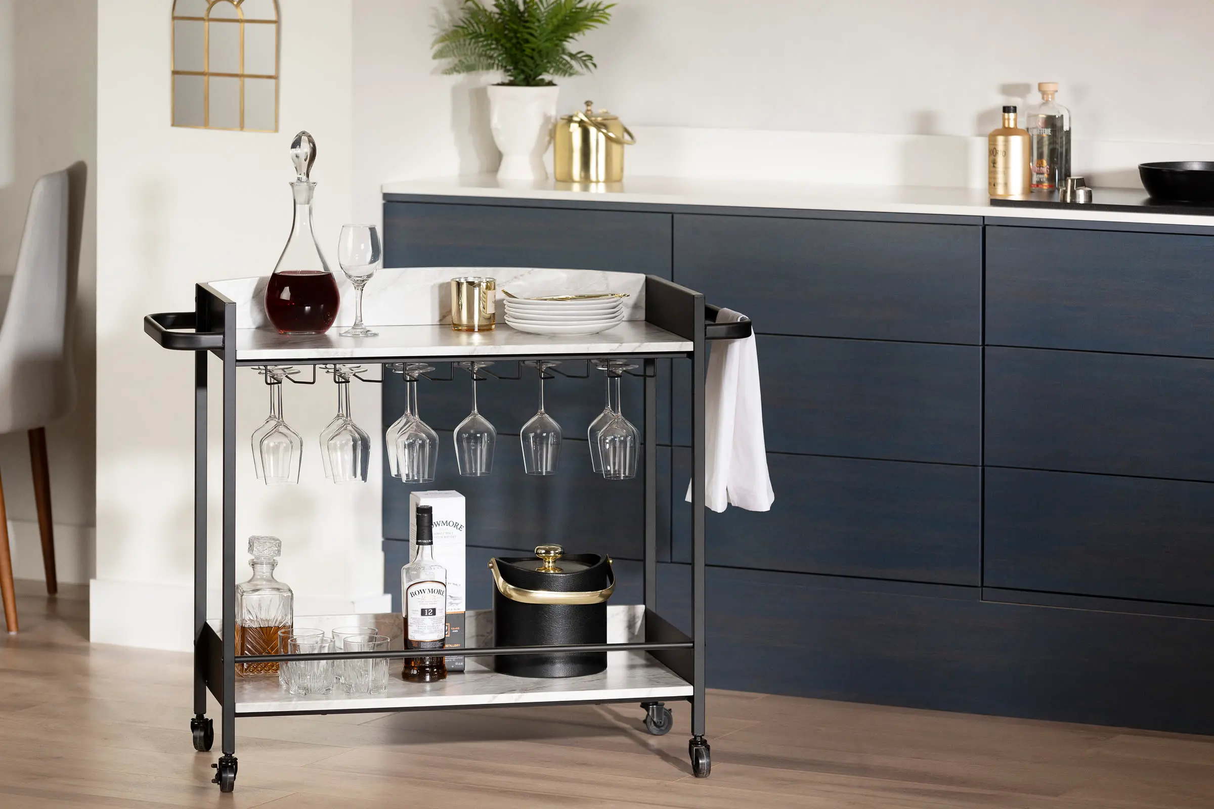 13447 City Life Black and Faux Carrara Marble Bar Cart - South Shore-3