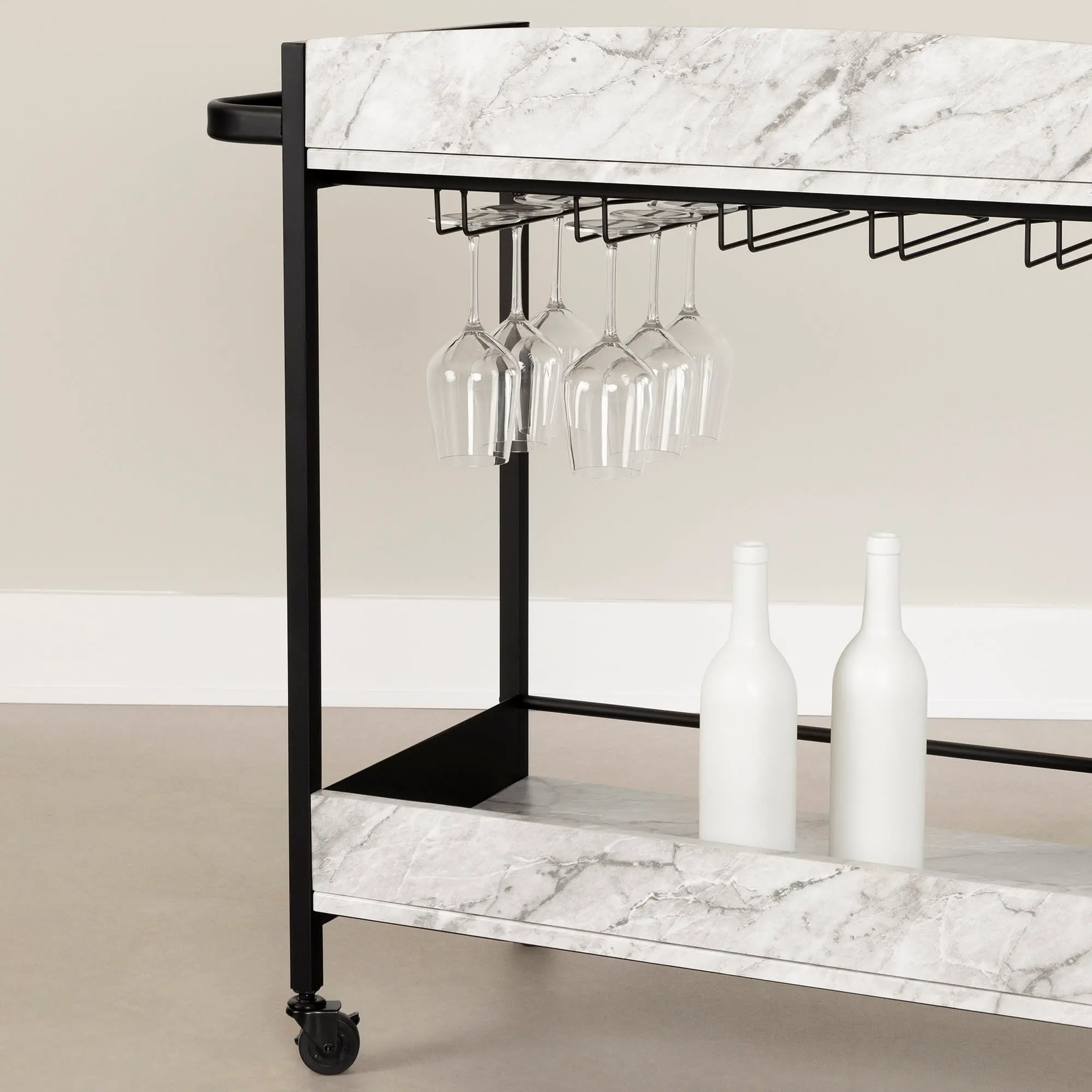 13447 City Life Black and Faux Carrara Marble Bar Cart - South Shore-4