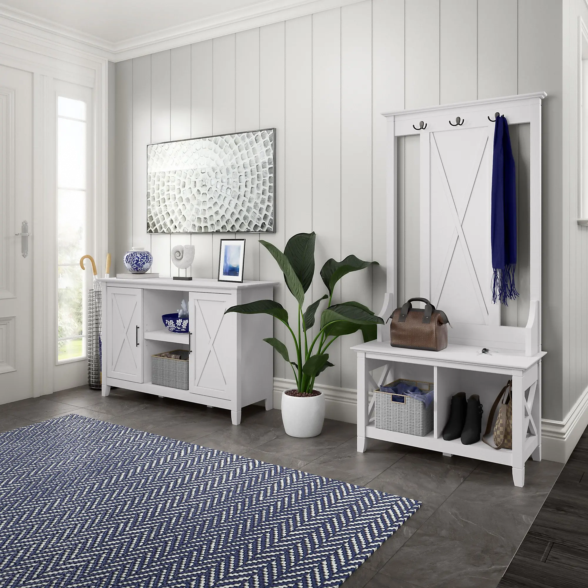 KWS054WT Key West White Oak Hall Tree with Shoe Bench and 2 Door Cabinet - Bush Furniture-1