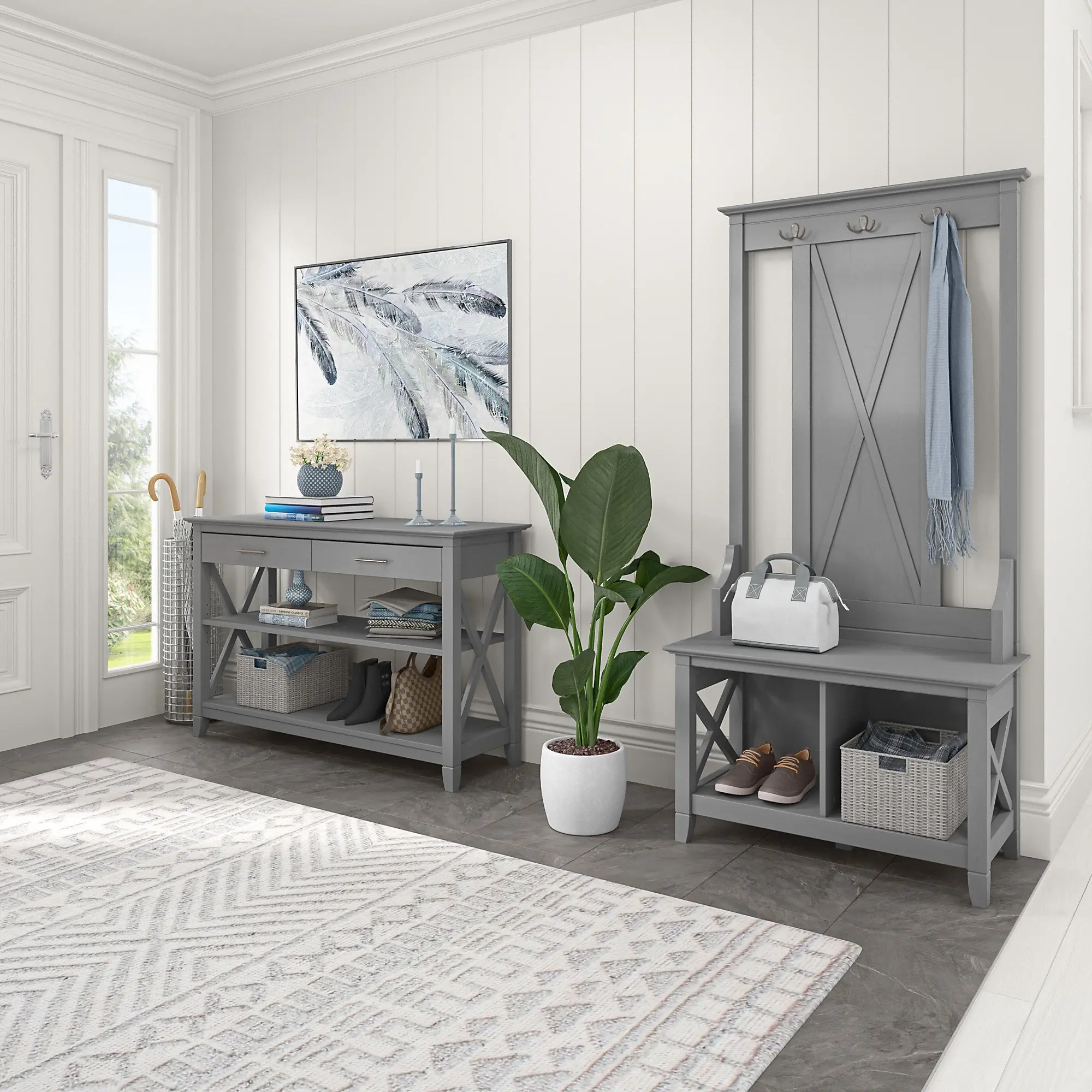 KWS056CG Key West Cape Cod Gray Hall Tree with Shoe Bench and Console Table - Bush Furniture-1
