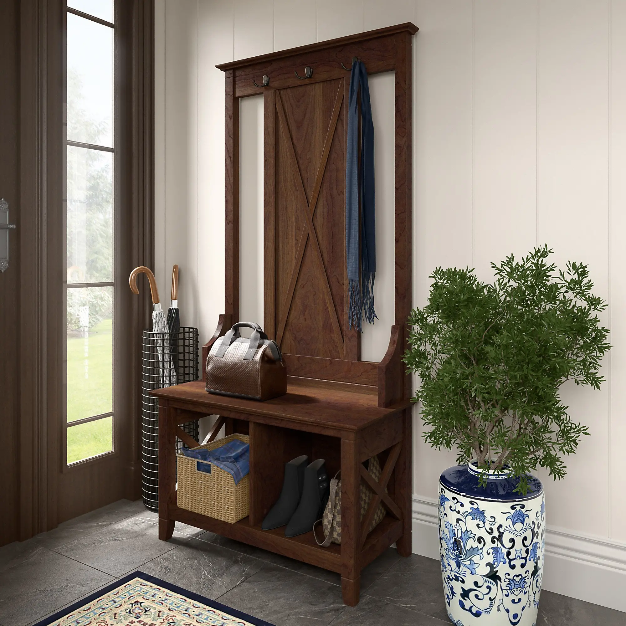 KWS166BC-03 Key West Bing Cherry Hall Tree with Shoe Bench - Bush Furniture-1