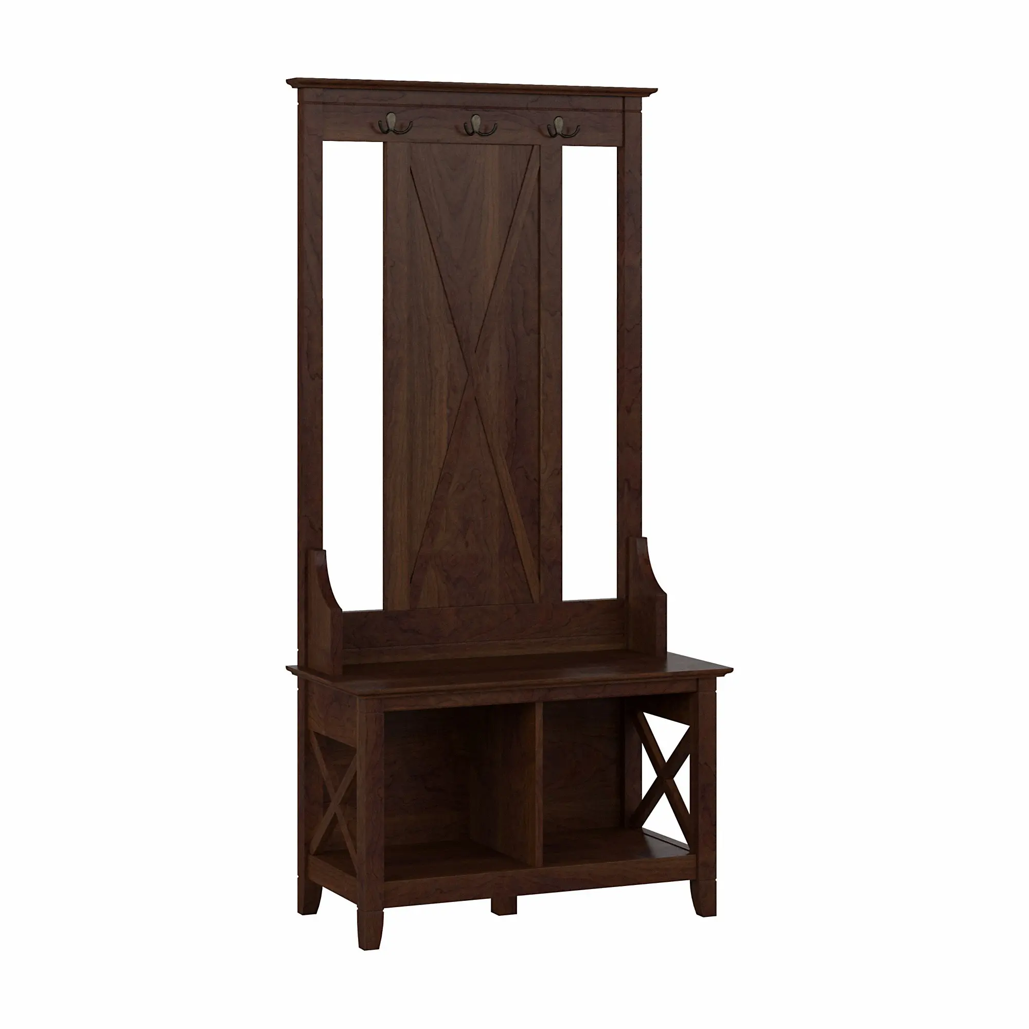 KWS166BC-03 Key West Bing Cherry Hall Tree with Shoe Bench - Bush Furniture-3