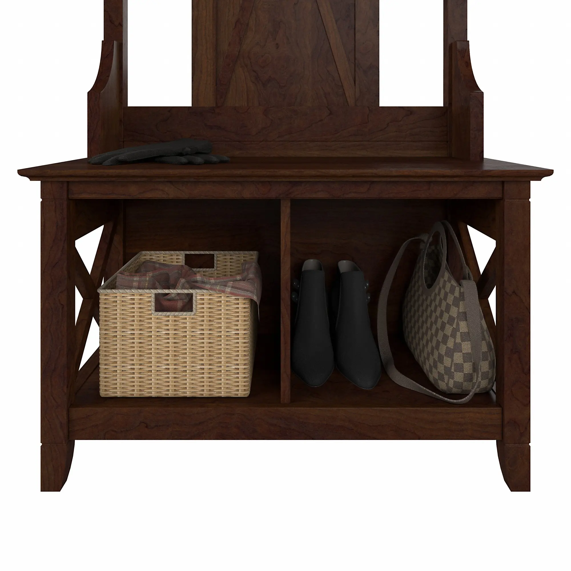 KWS166BC-03 Key West Bing Cherry Hall Tree with Shoe Bench - Bush Furniture-5