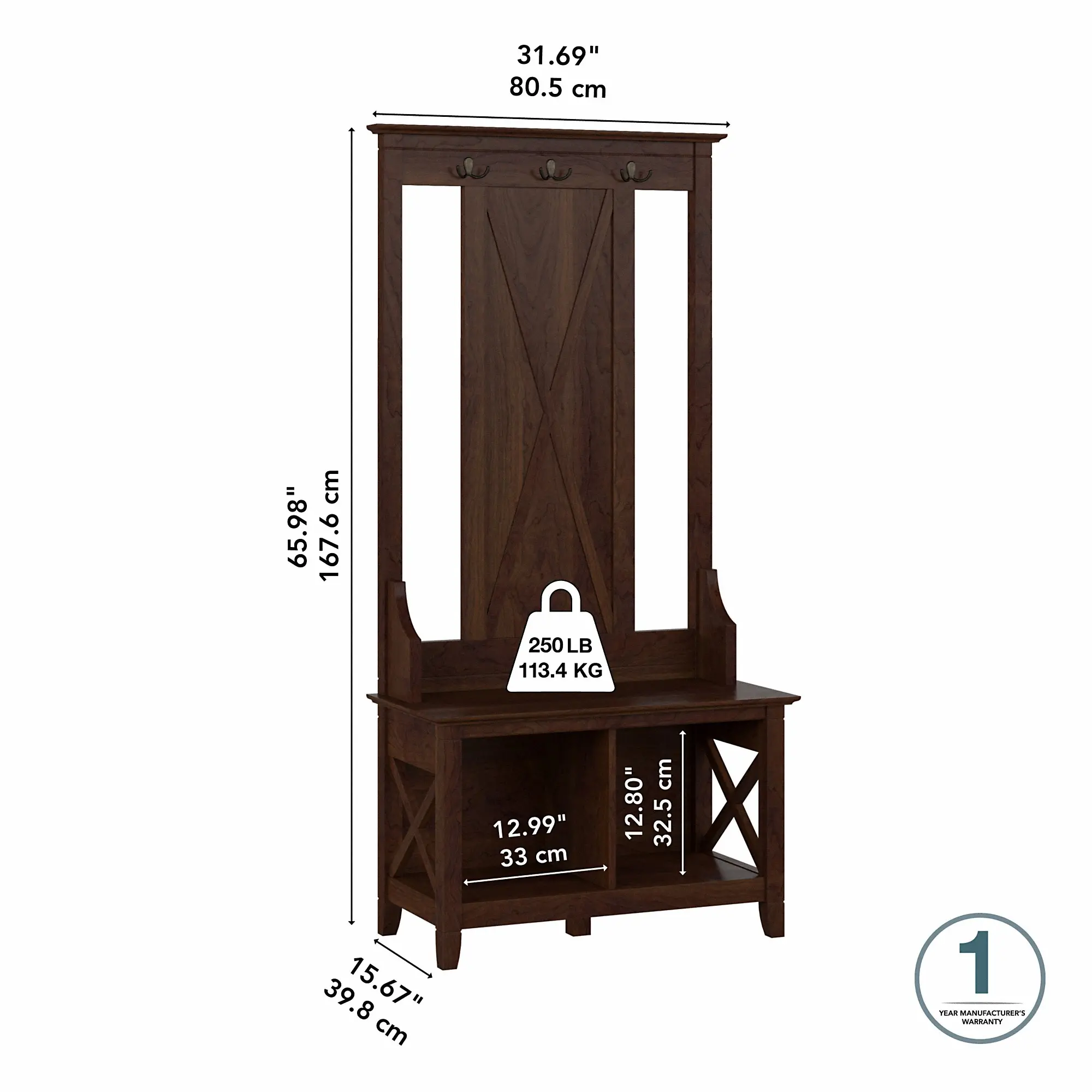 KWS166BC-03 Key West Bing Cherry Hall Tree with Shoe Bench - Bush Furniture-7