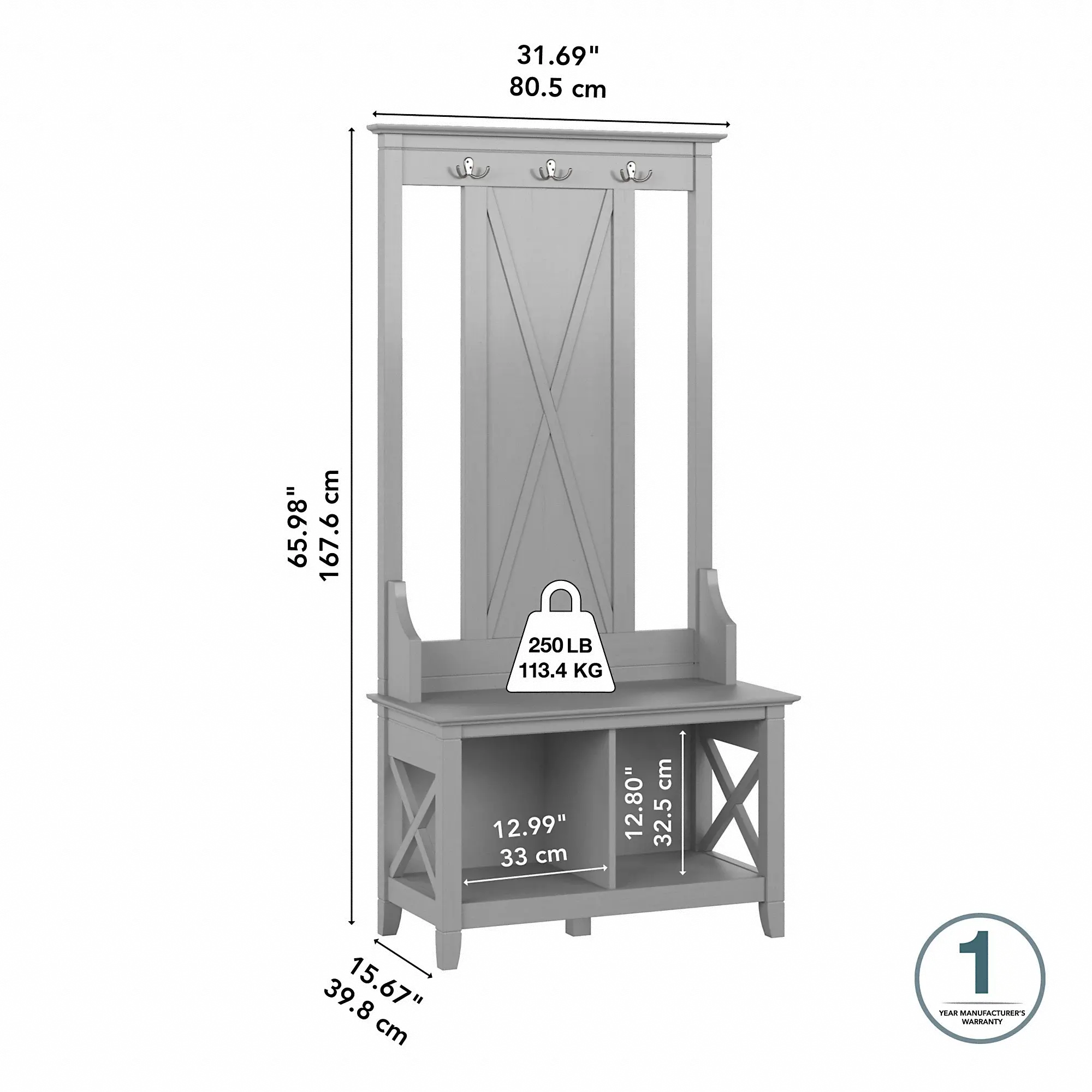 KWS166CG-03 Key West Cape Cod Gray Hall Tree with Shoe Bench - Bush Furniture-7