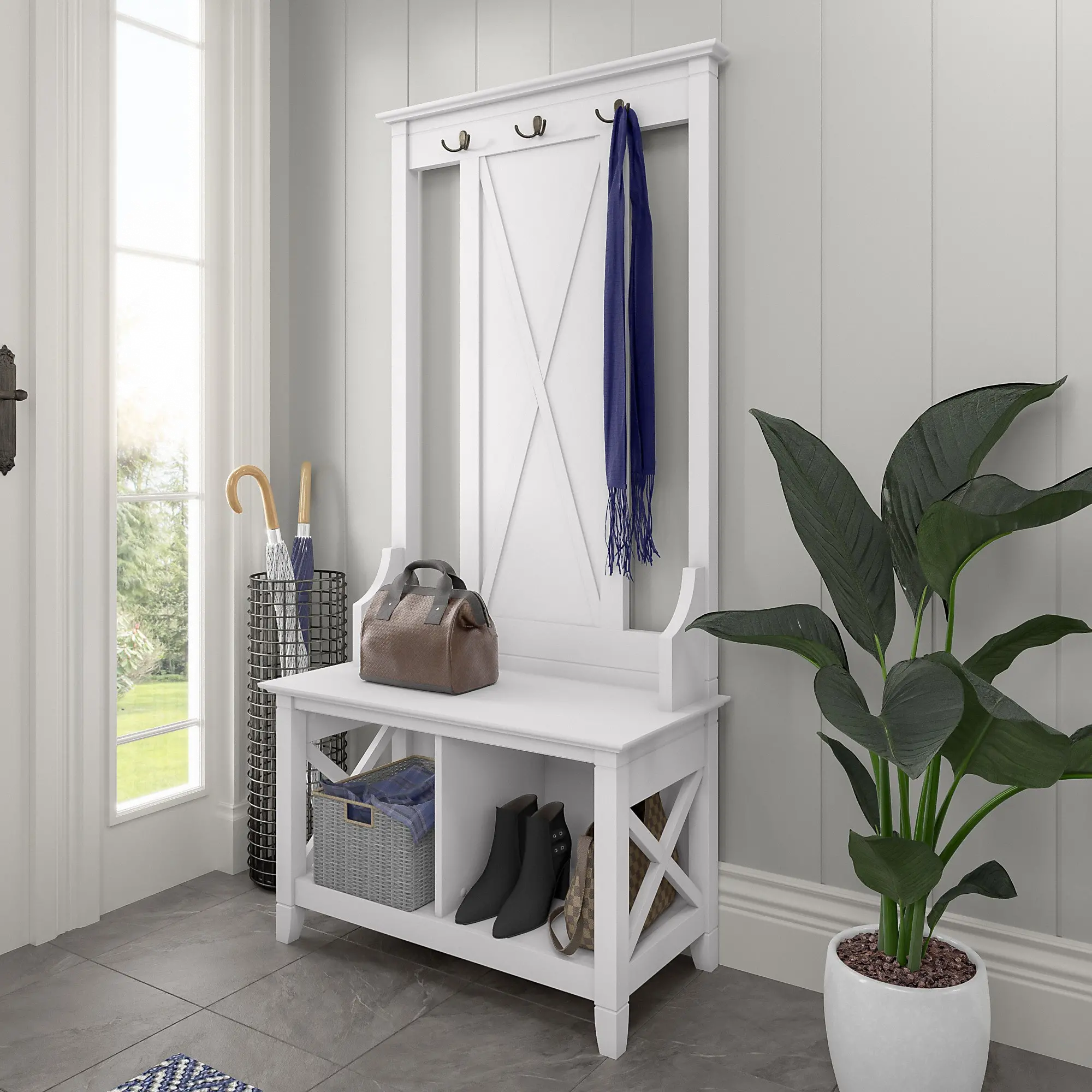 KWS166WT-03 Key West White Oak Hall Tree with Shoe Bench - Bush Furniture-1