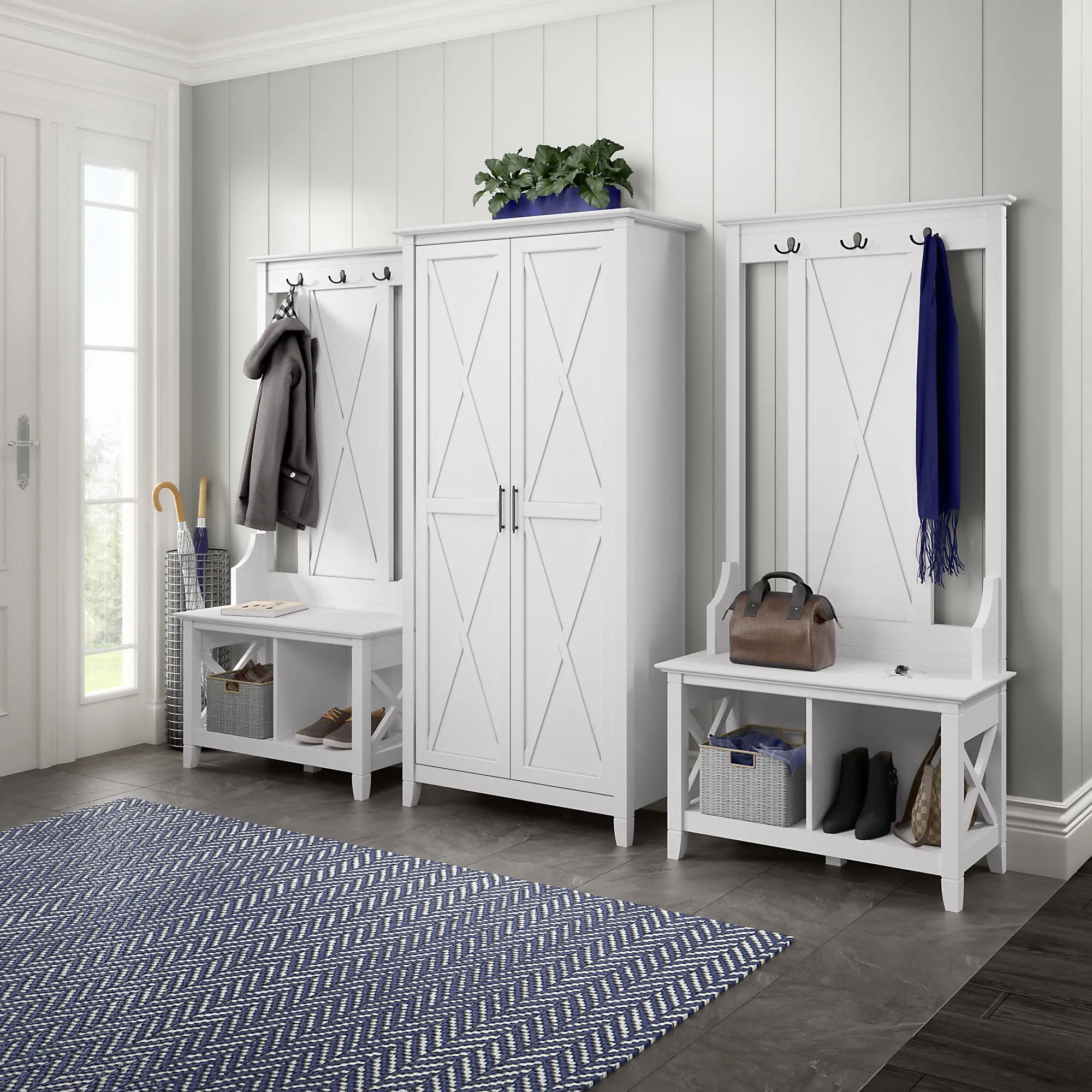 KWS166WT-03 Key West White Oak Hall Tree with Shoe Bench - Bush Furniture-2