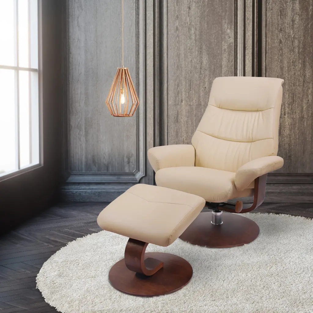 Genoa Scandinavian Cream Leather Recliner with Ottoman-2