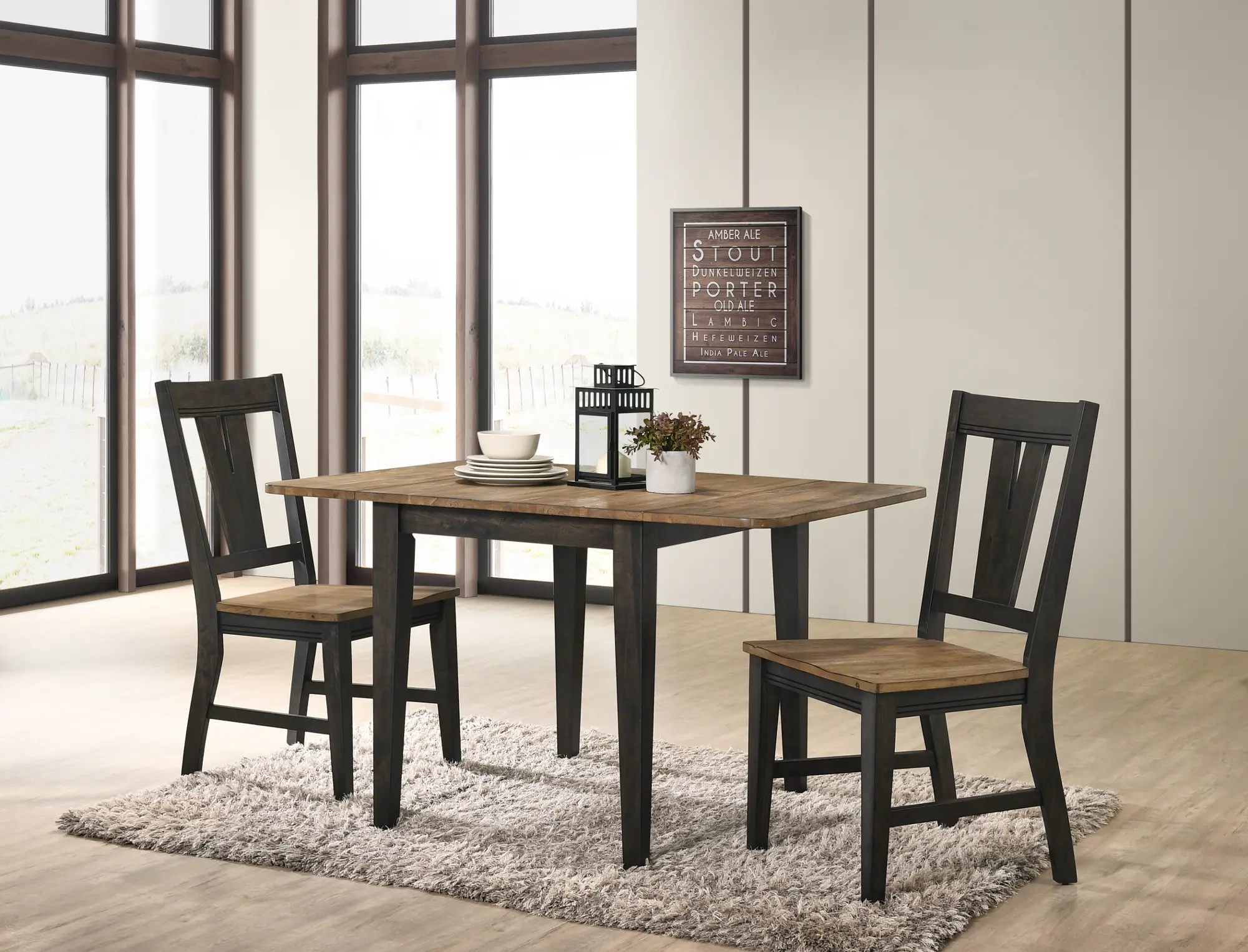 Wooden table with brown top and black legs, dining room style