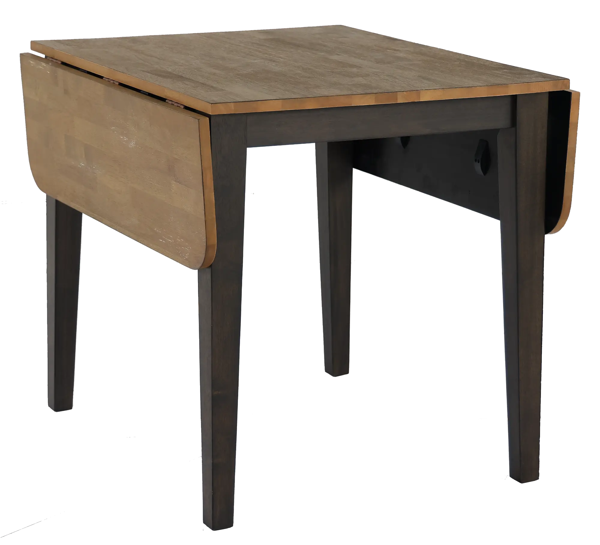 Rectangular wooden dining table with brown top and black legs