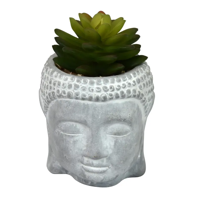 Cement Buddha Head With Plant