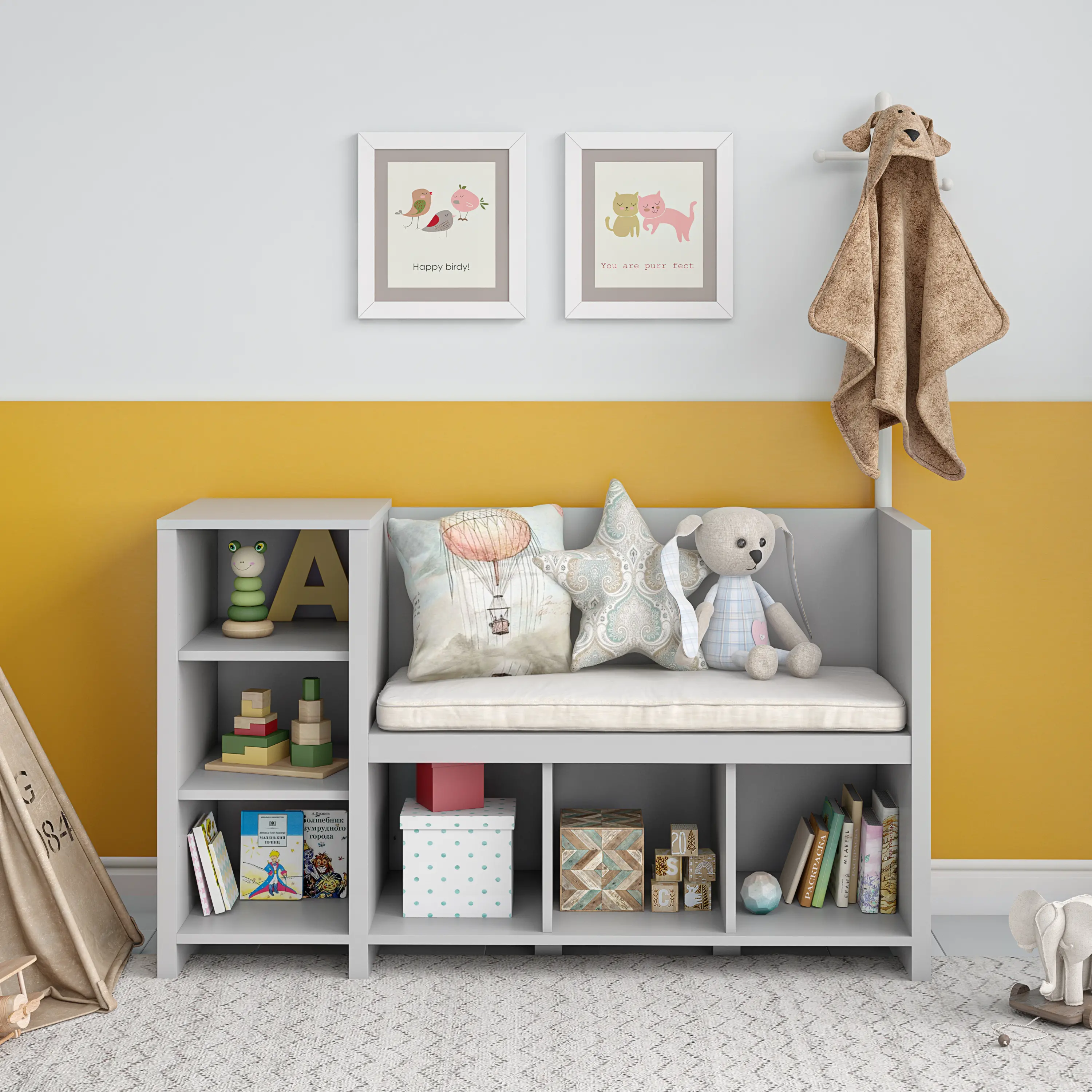 Tyler Kids Dove Gray Storage Bench and Coat Rack-2