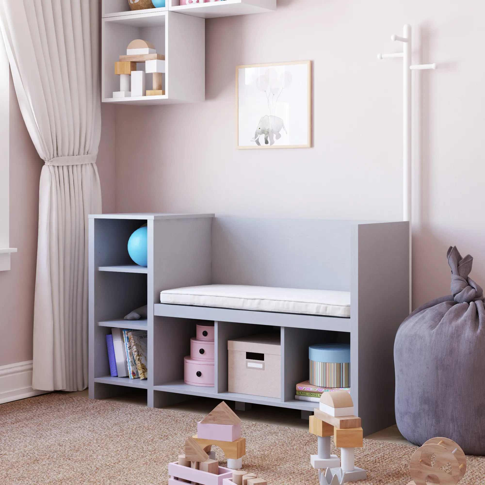 Tyler Kids Dove Gray Storage Bench and Coat Rack-3