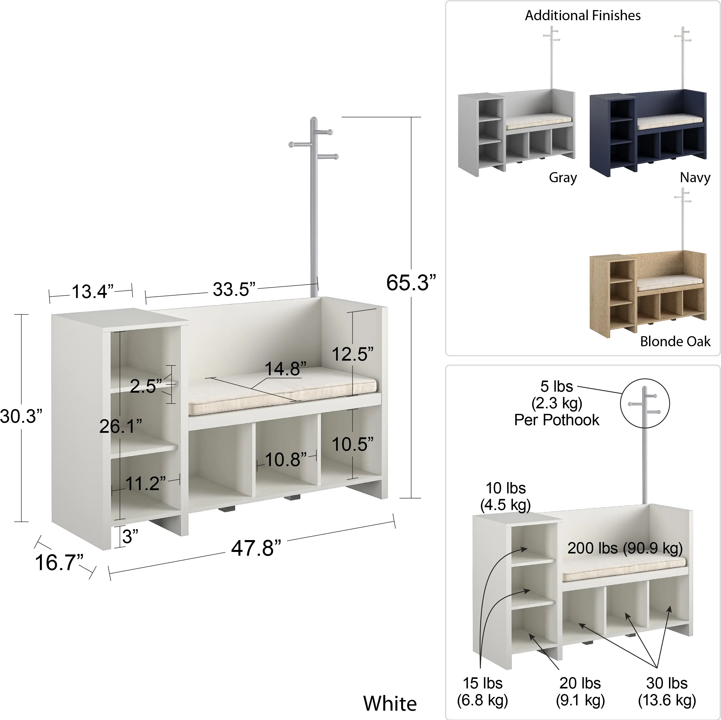 Tyler Kids Dove Gray Storage Bench and Coat Rack-8