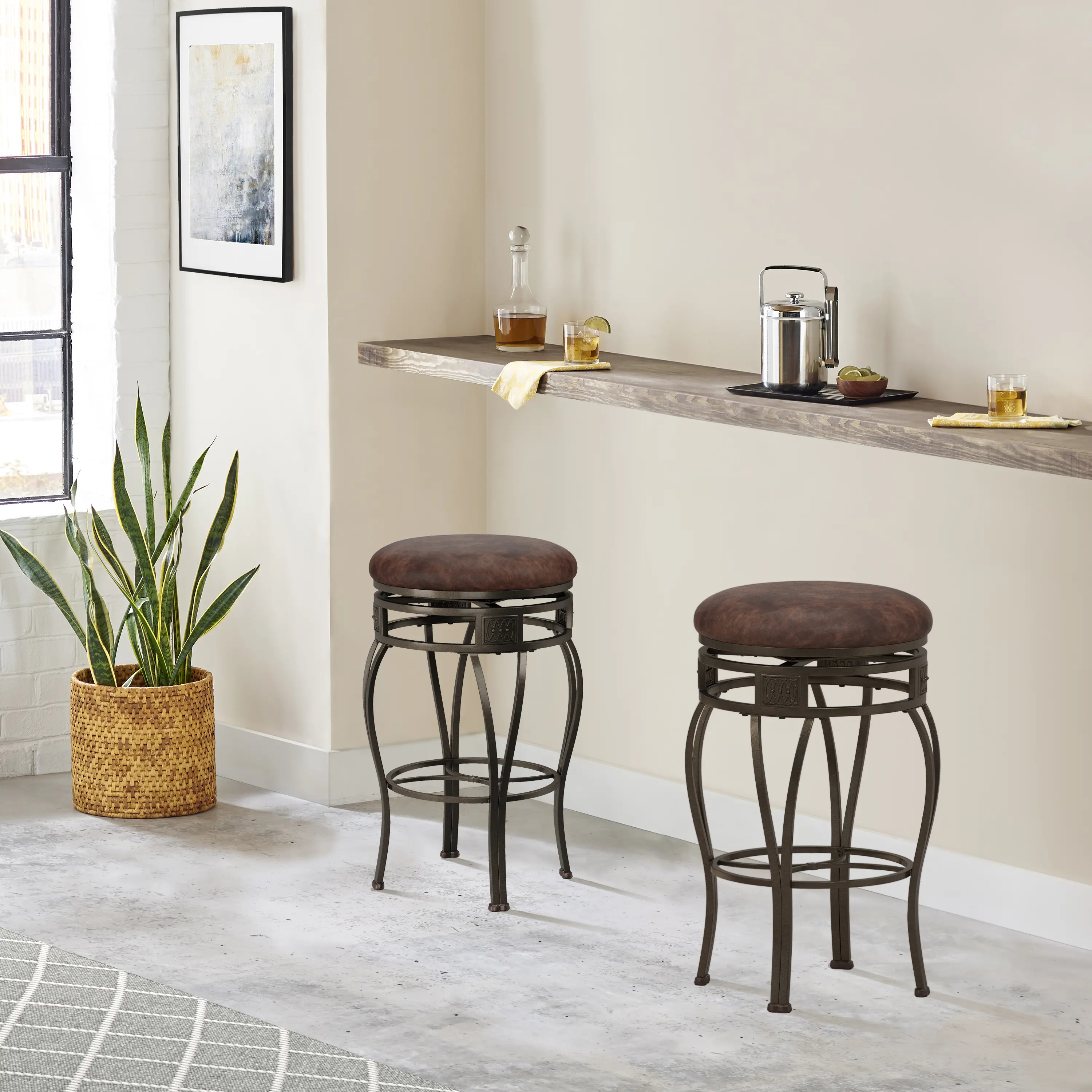 Montello Traditional Old Steel Backless Swivel Bar Height Stool with Wood Panel-3