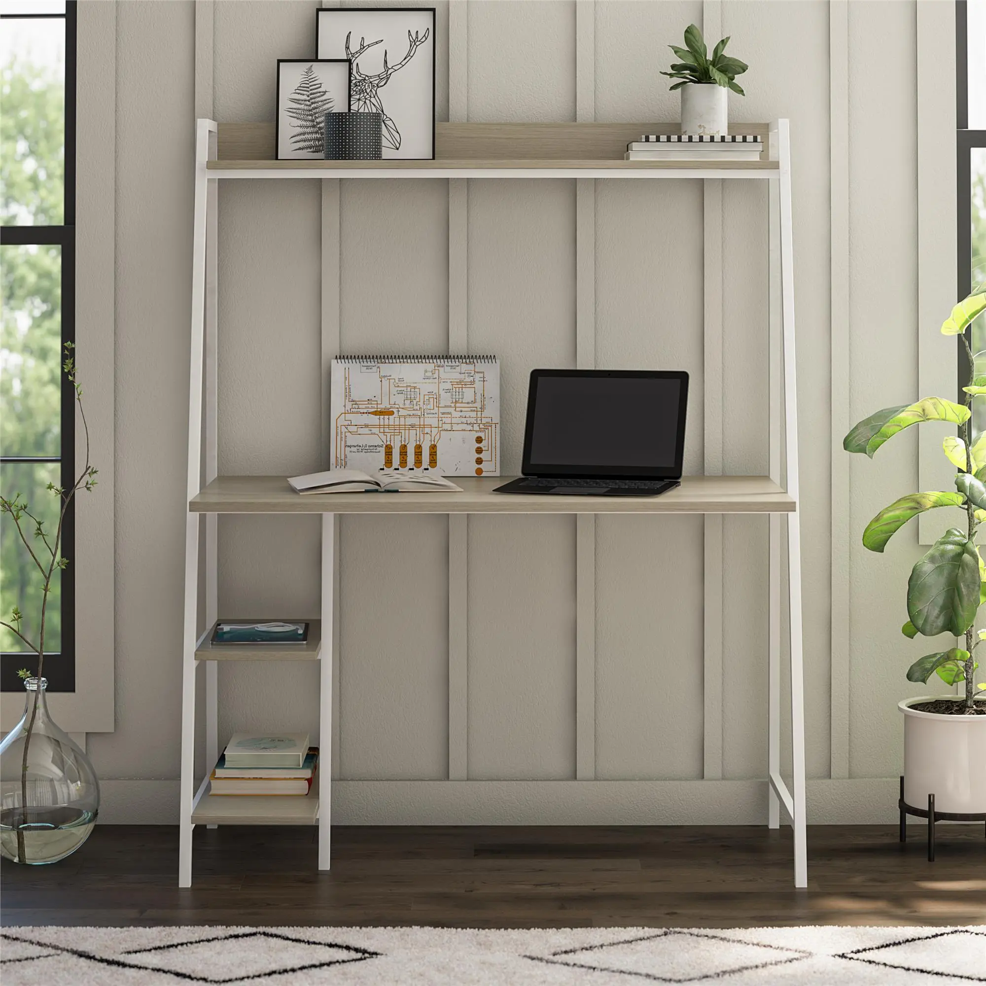 Bushwick Transitional Pale Oak and White Metal Ladder Desk-2