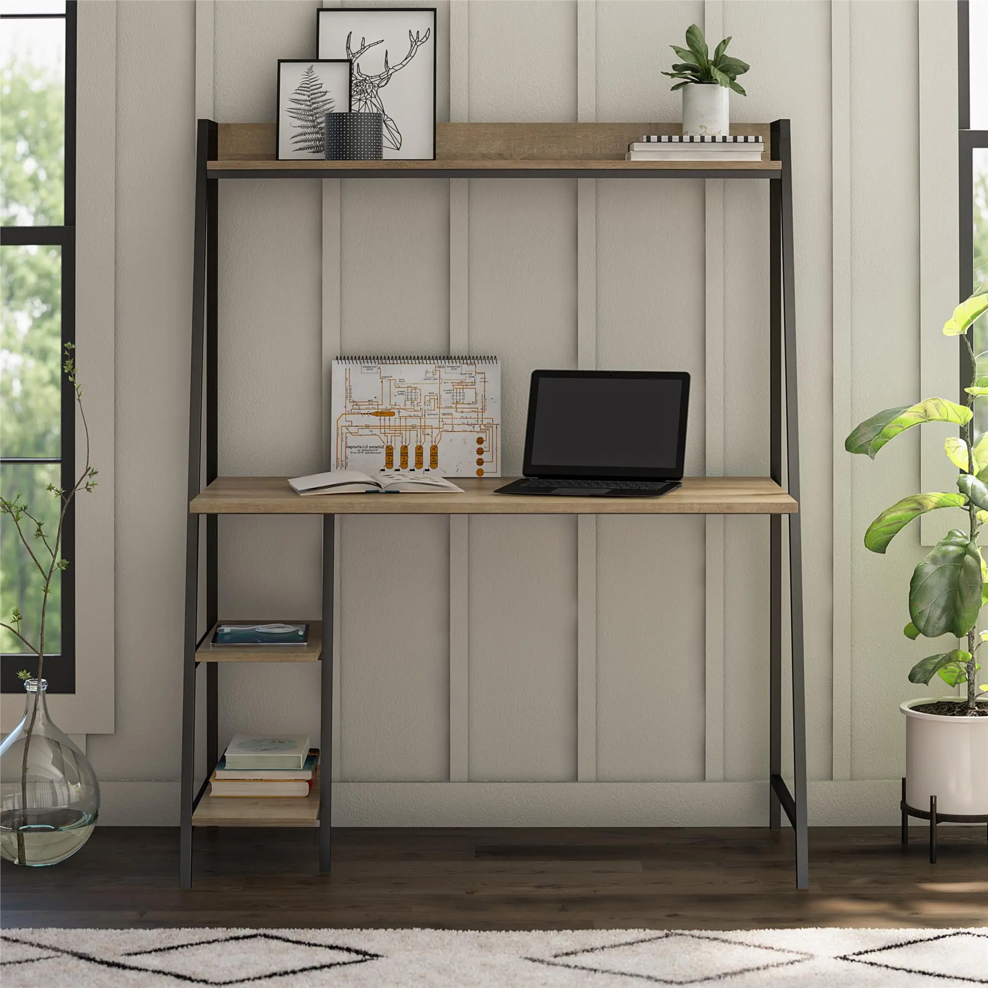 Bushwick Transitional Natural and Black Metal Ladder Desk-2