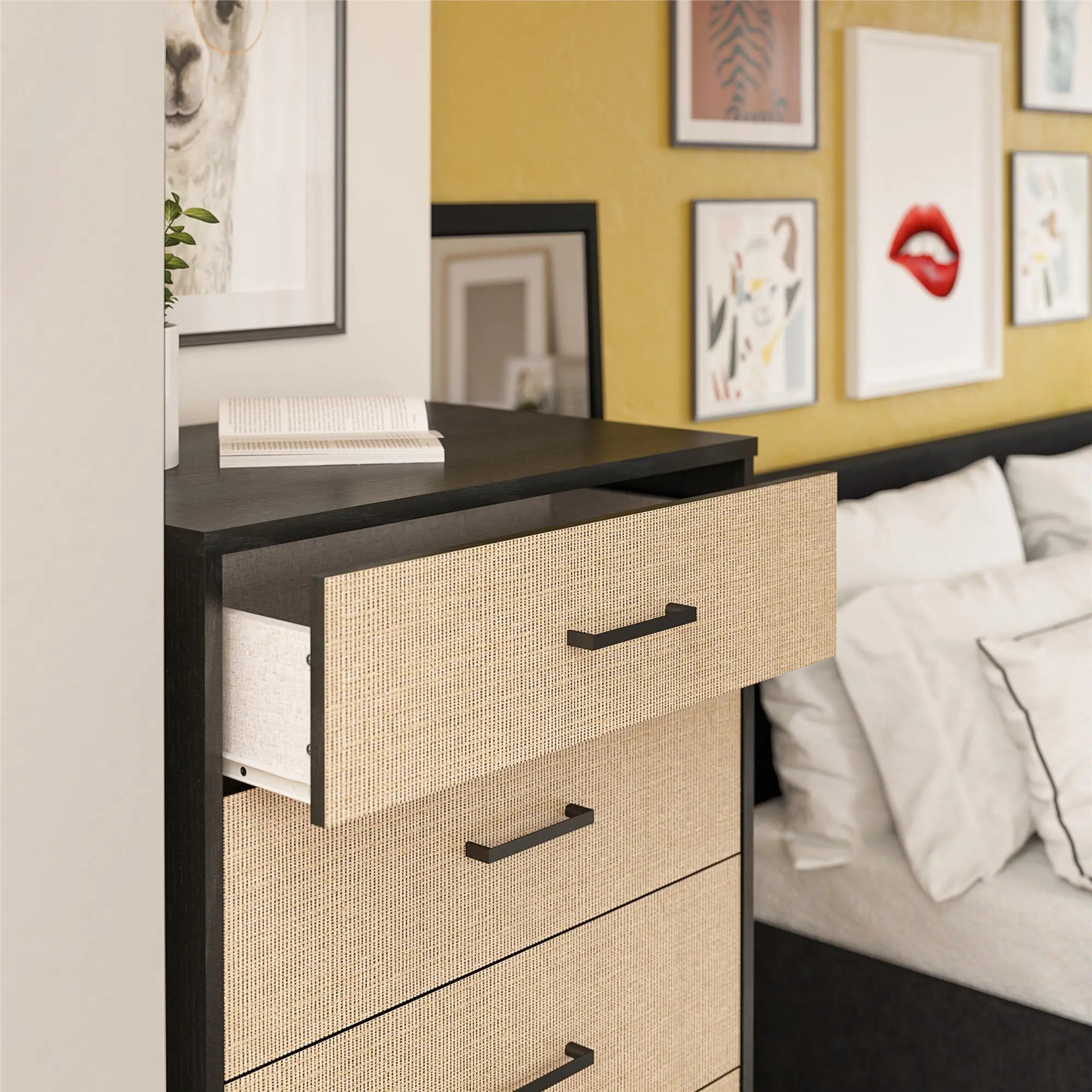 Kelly Transitional Rattan and Black Oak 5-Drawer Dresser-5