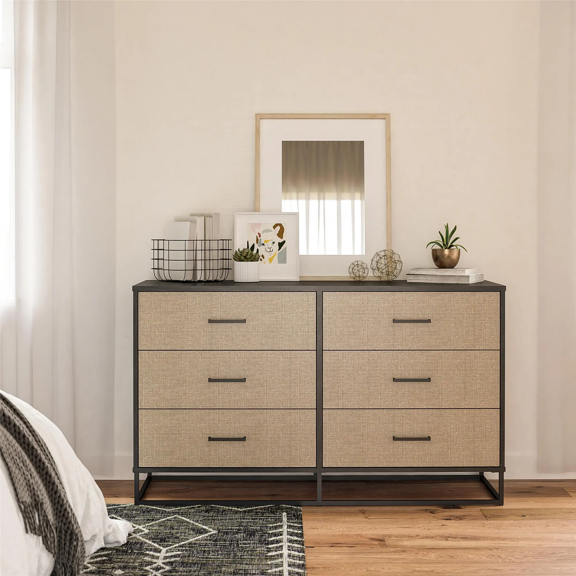 Kelly Transitional Rattan and Black Oak 6-Drawer Dresser-1