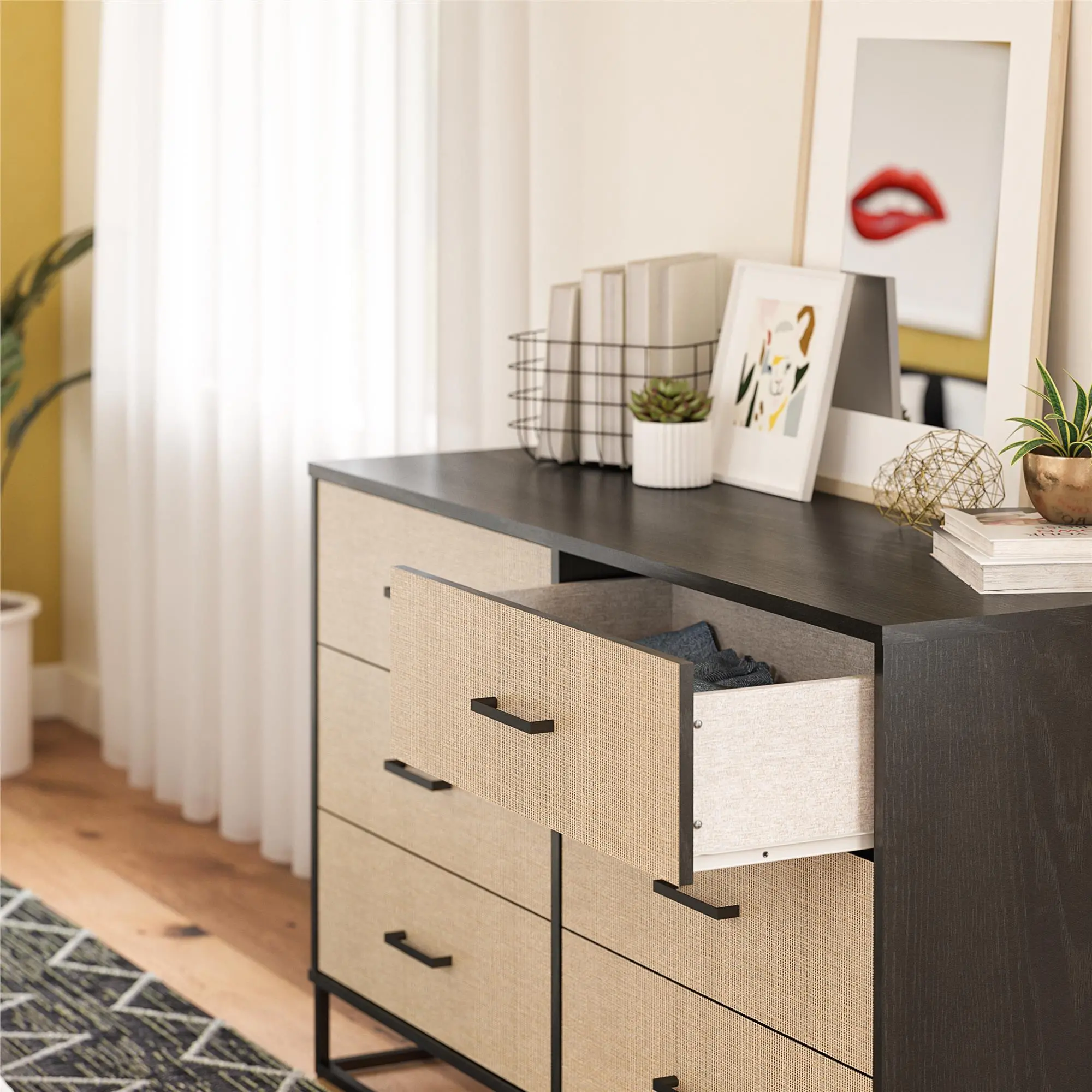 Kelly Transitional Rattan and Black Oak 6-Drawer Dresser-6