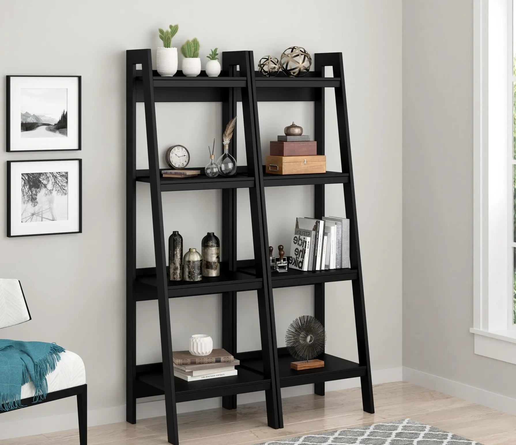 Lawrence Black 4-Shelf Ladder Bookcases, Set of 2-1