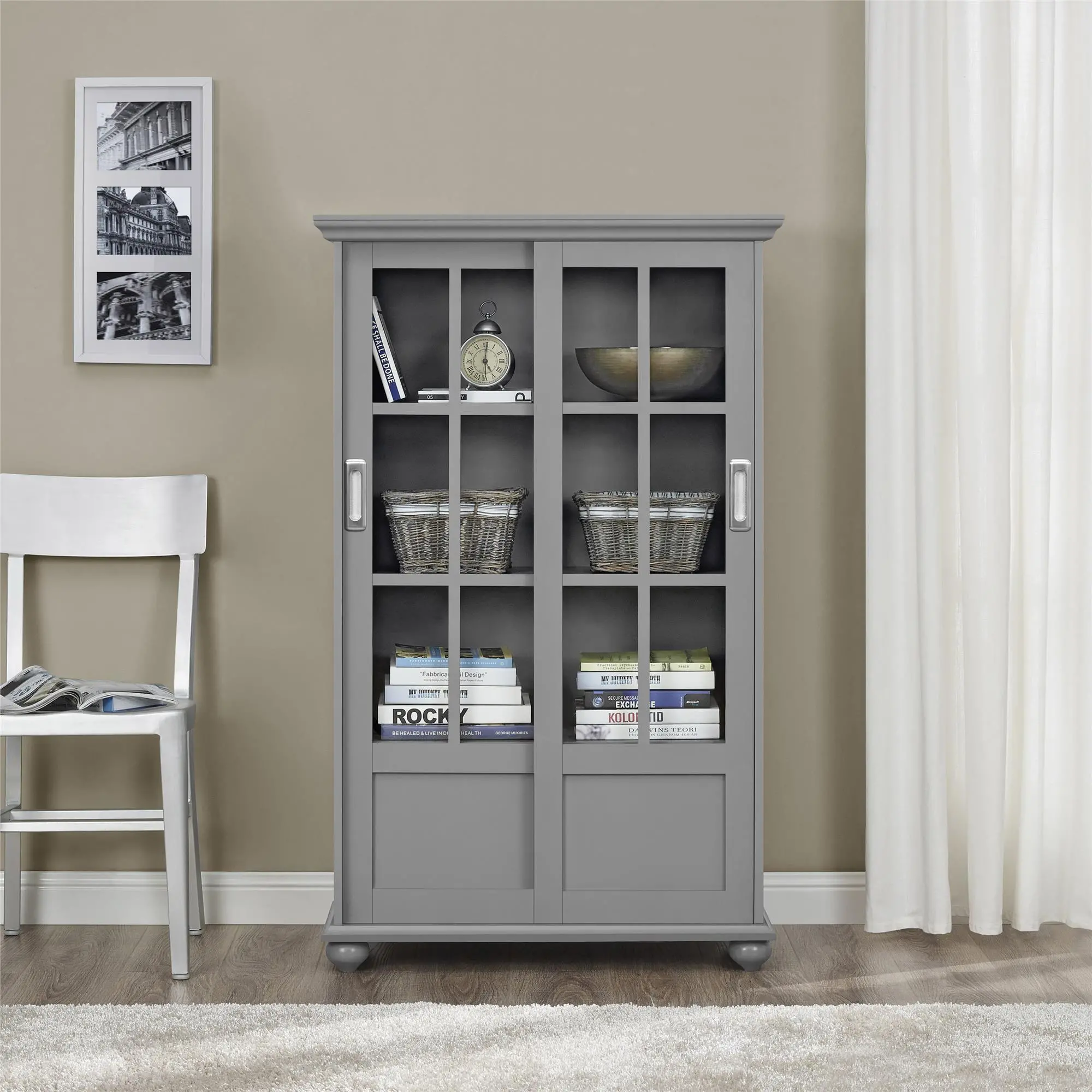 Aaron Lane Gray Bookcase with Sliding Glass Doors-2