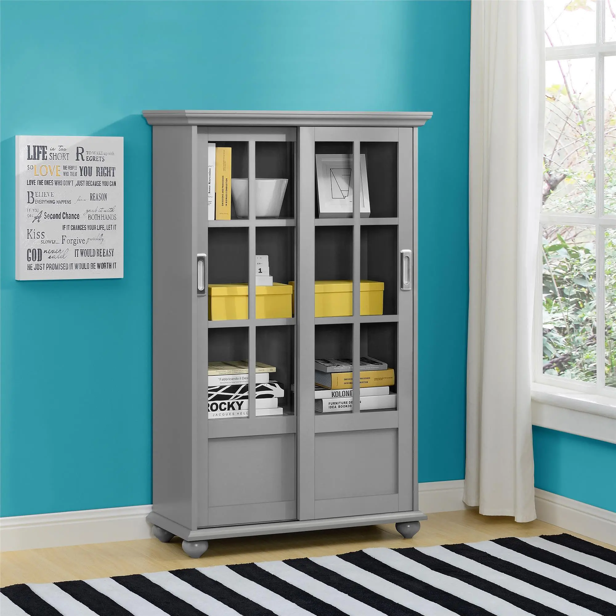 Aaron Lane Gray Bookcase with Sliding Glass Doors-3