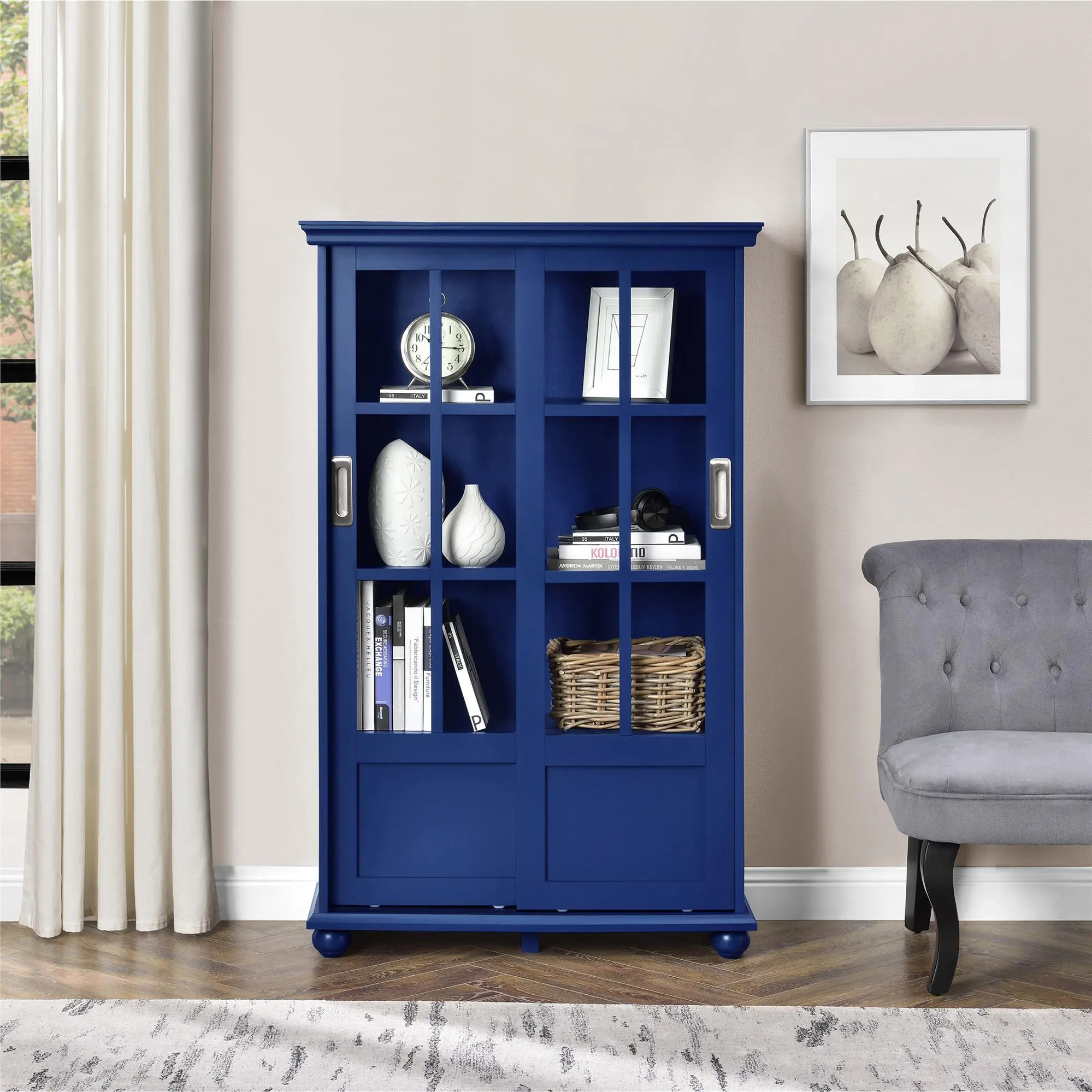Aaron Lane Blue Bookcase with Sliding Glass Doors-2