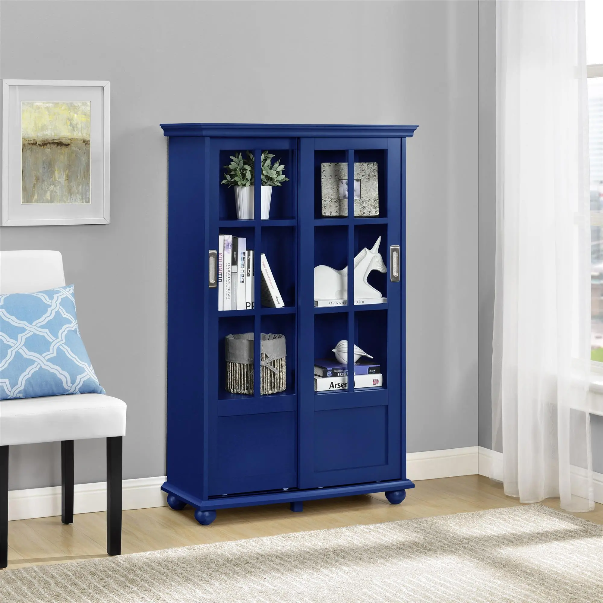 Aaron Lane Blue Bookcase with Sliding Glass Doors-3