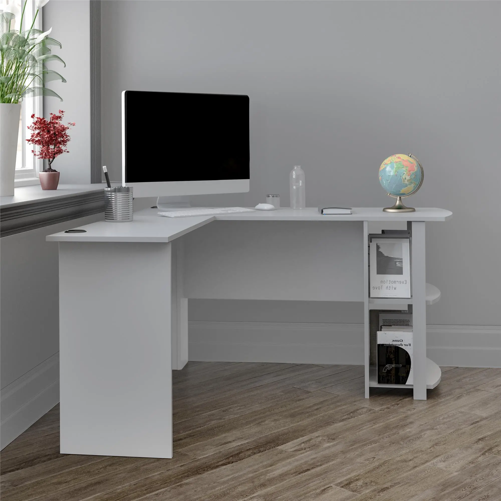 Dakota Traditional Dove Gray L-Desk with Bookshelves-2