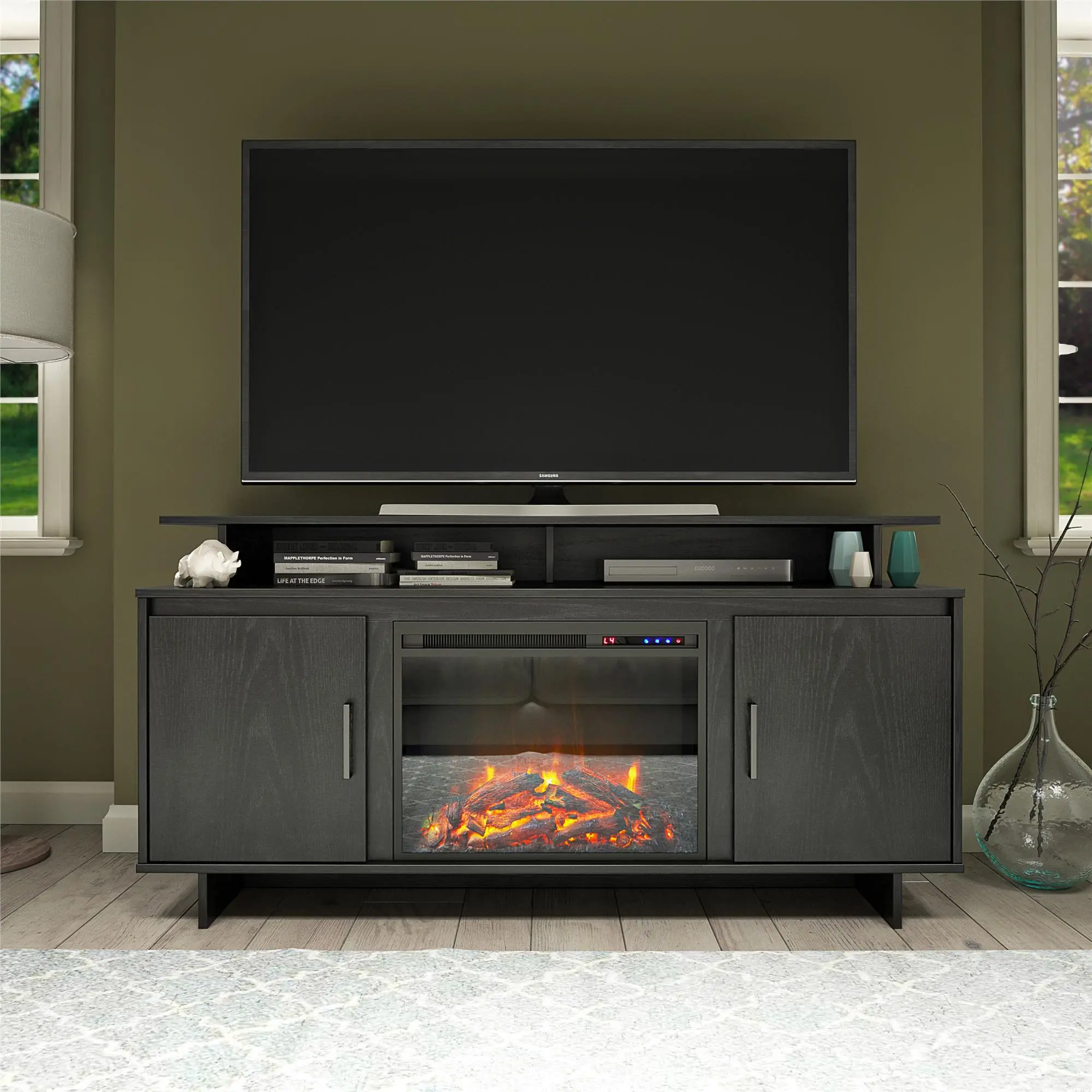 Merritt Avenue Transitional Black Oak Electric Fireplace TV Stand with Storage Cabinets-2