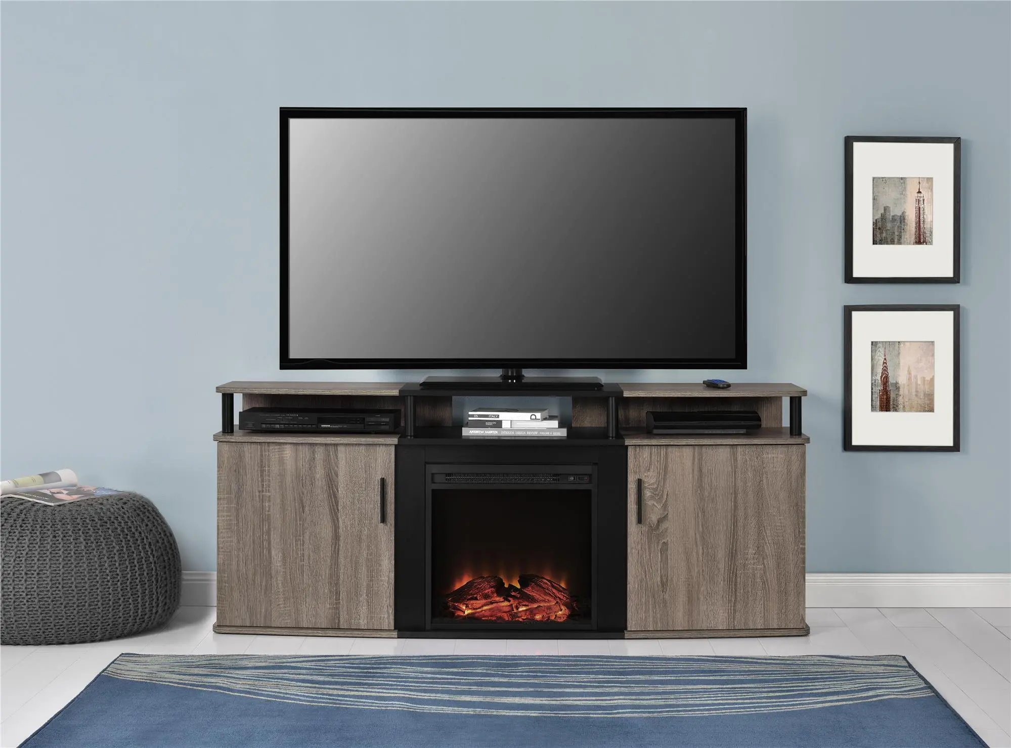 Carson Transitional Distressed Gray Oak Electric Fireplace TV Console-3