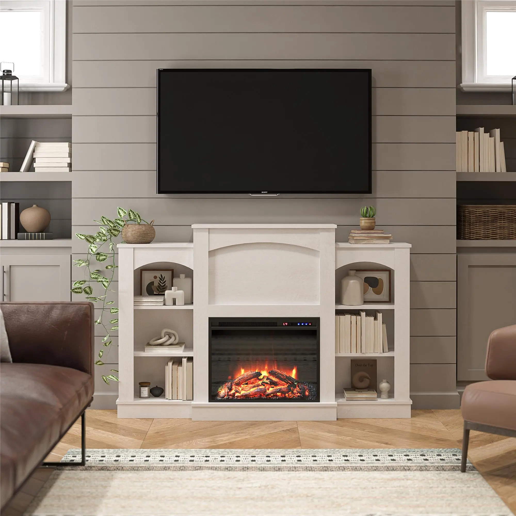Hawke's Bay Farmhouse Ivory Oak Fireplace Mantel with Bookshelves-2
