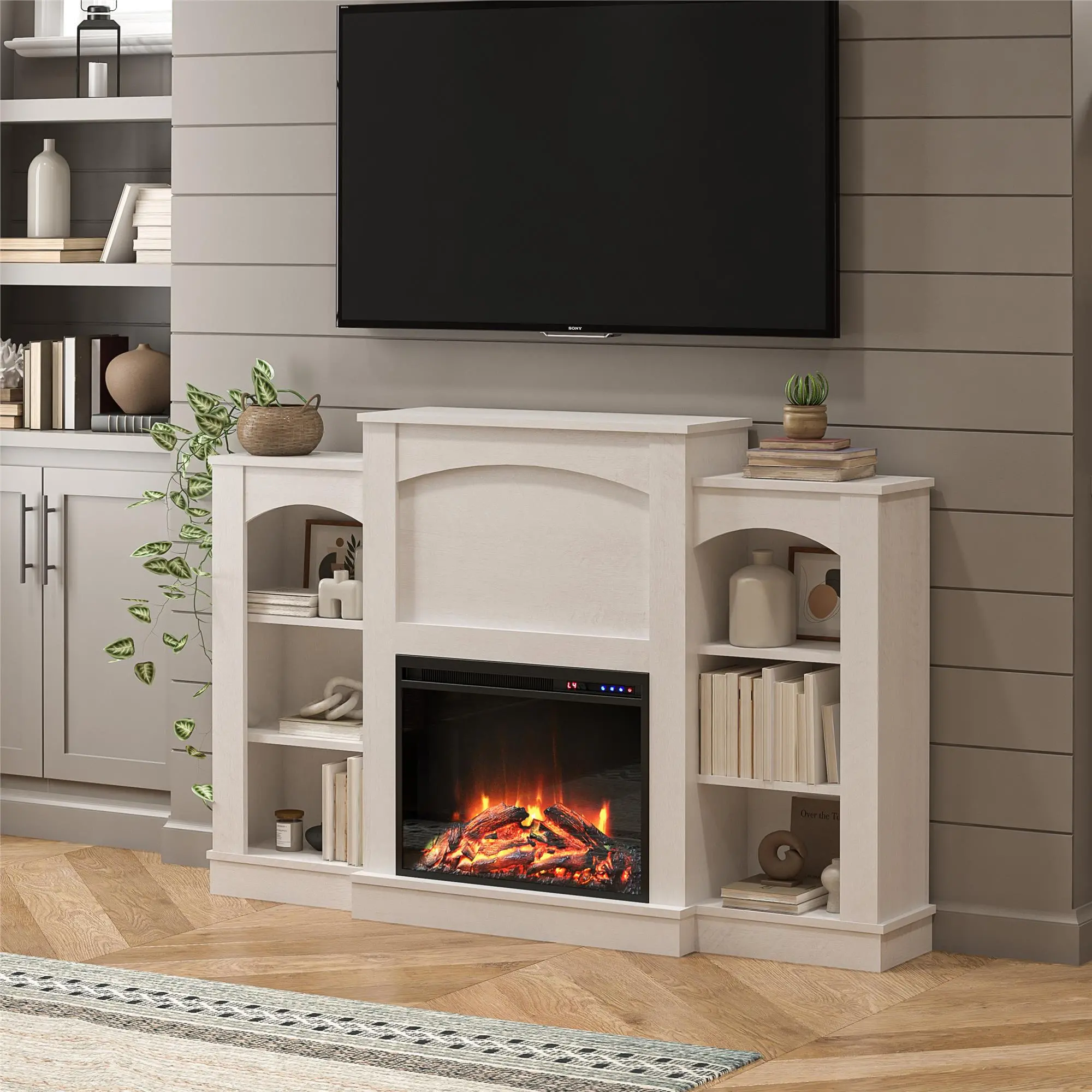 Hawke's Bay Farmhouse Ivory Oak Fireplace Mantel with Bookshelves-3