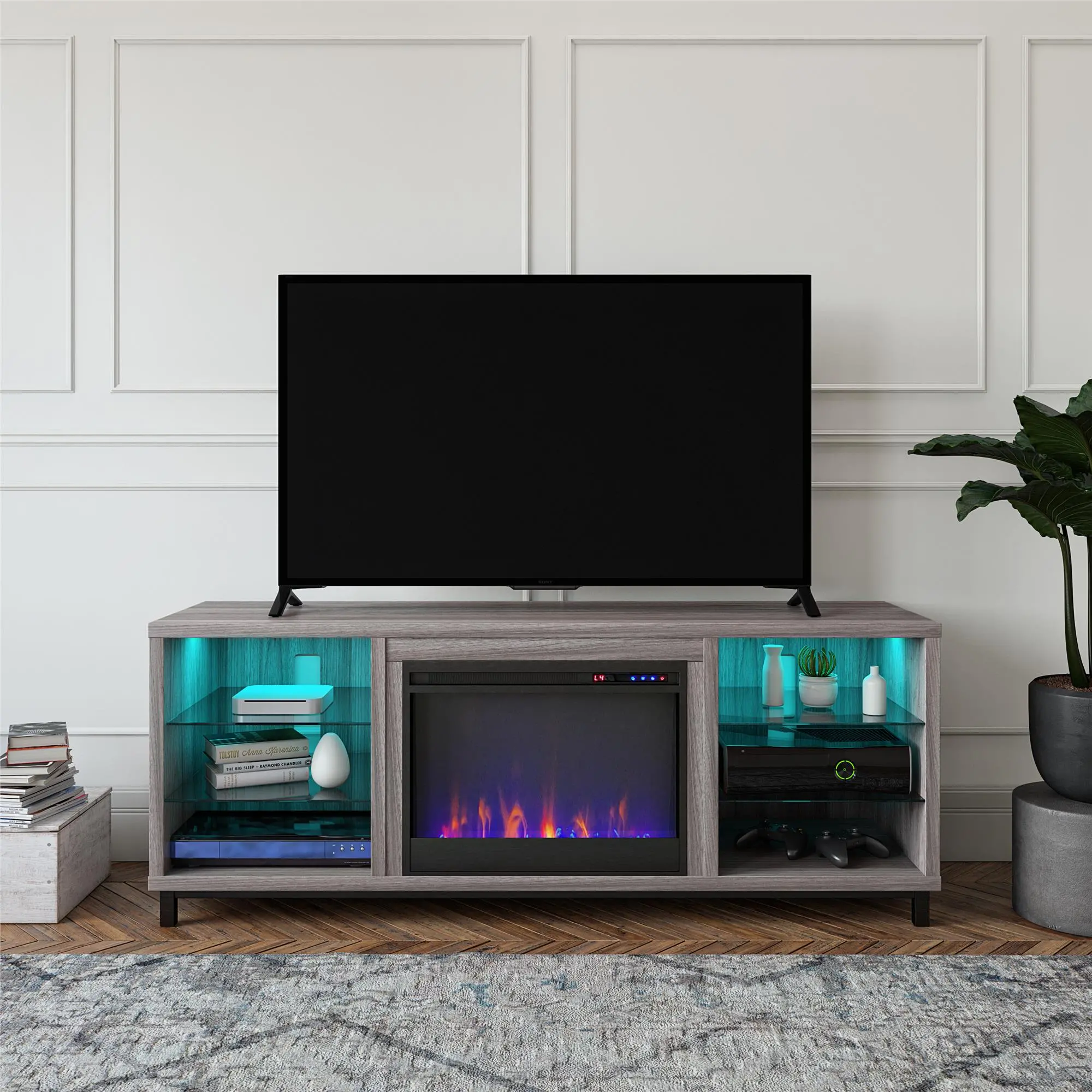 Lumina Modern Light Walnut Deluxe Fireplace TV Stand-2