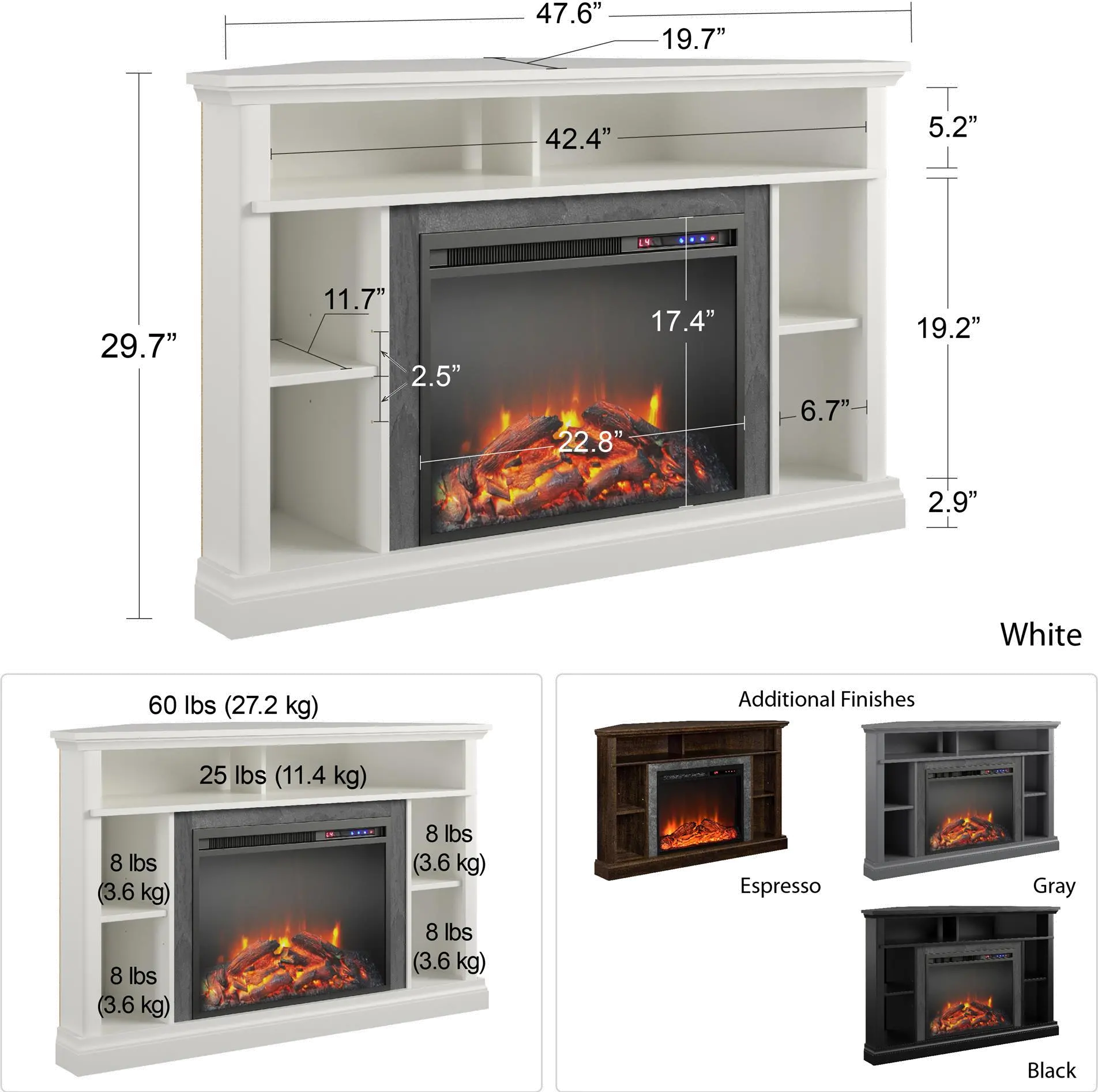 Overland Dark Brown Electric Corner Fireplace 50  TV Stand-7