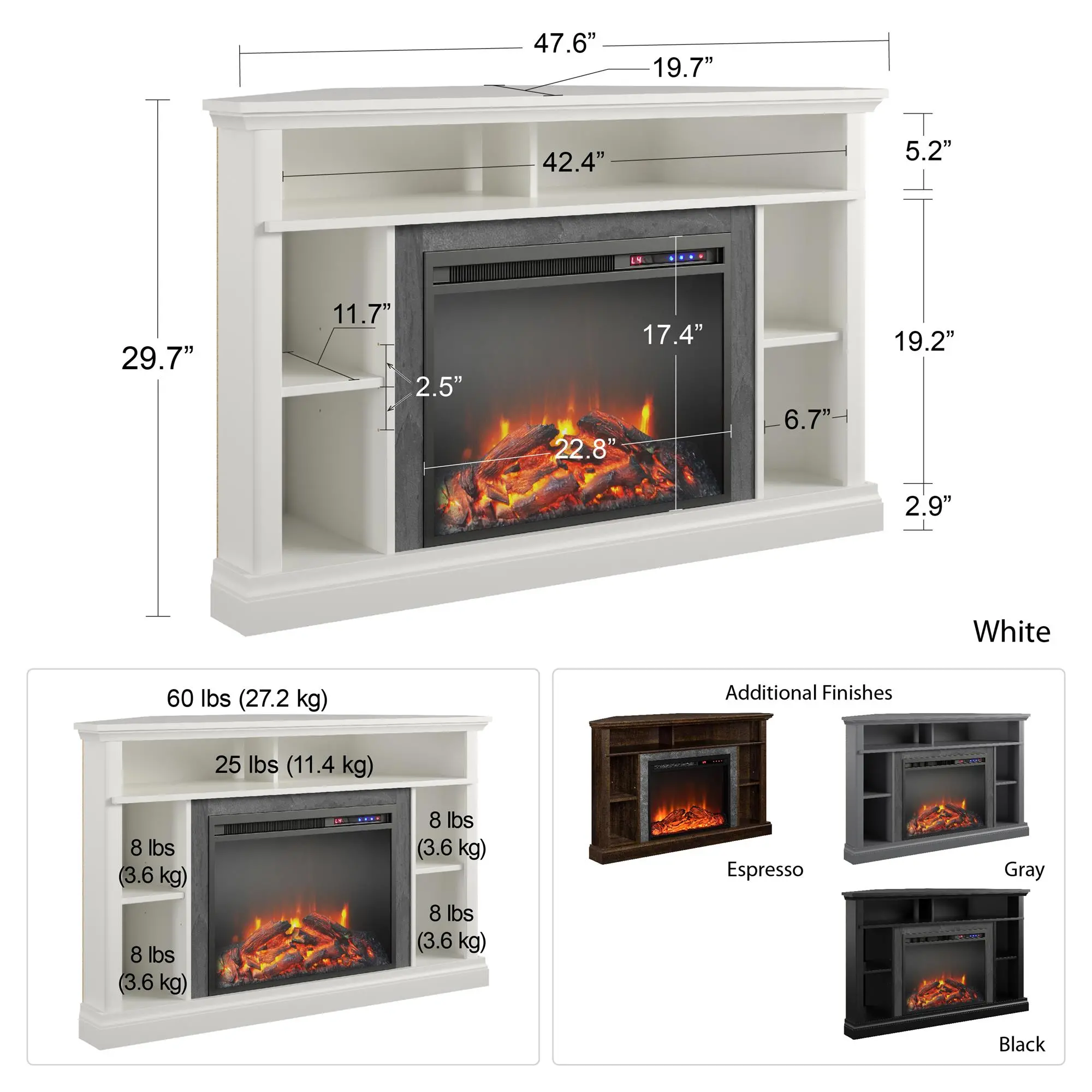 Overland White 50  Corner Fireplace TV stand-4