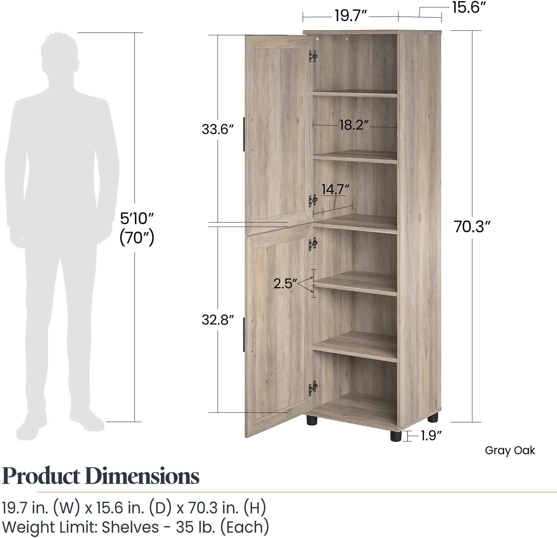 Dwyer Gray Oak 2 Door Kitchen Pantry Cabinet-8