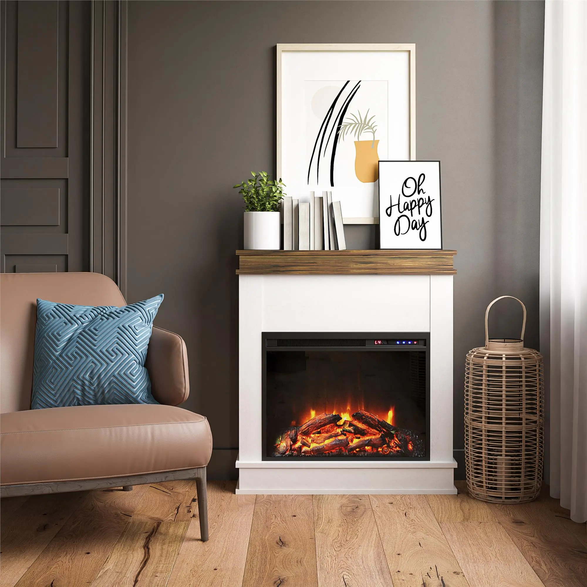 Mateo Ivory Fireplace with Rustic Mantel-2