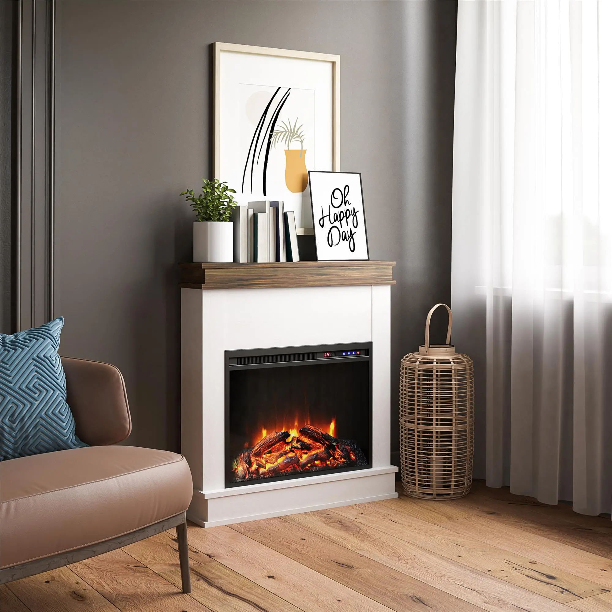 Mateo Ivory Fireplace with Rustic Mantel-7