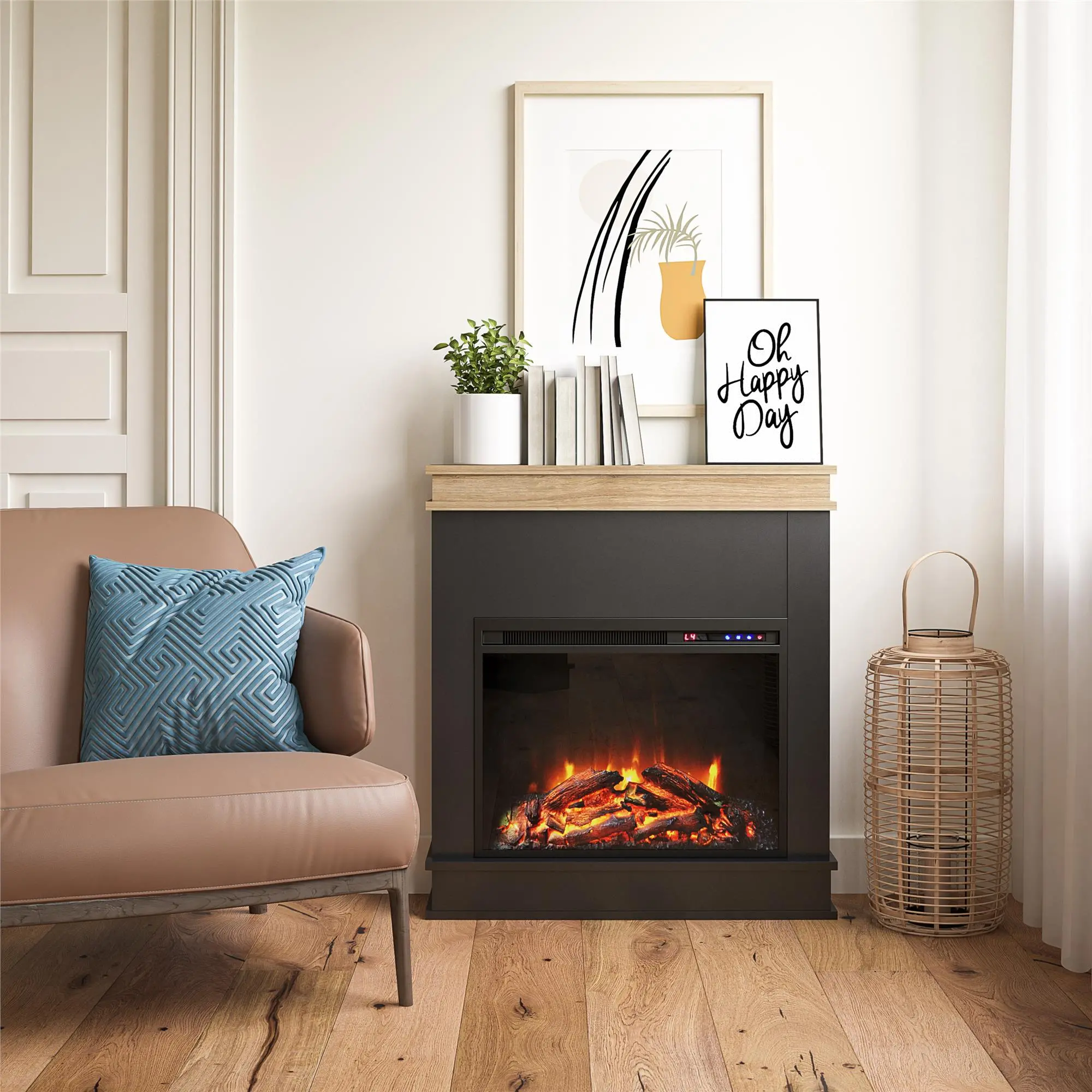 Mateo Black Fireplace with Natural Mantel-2